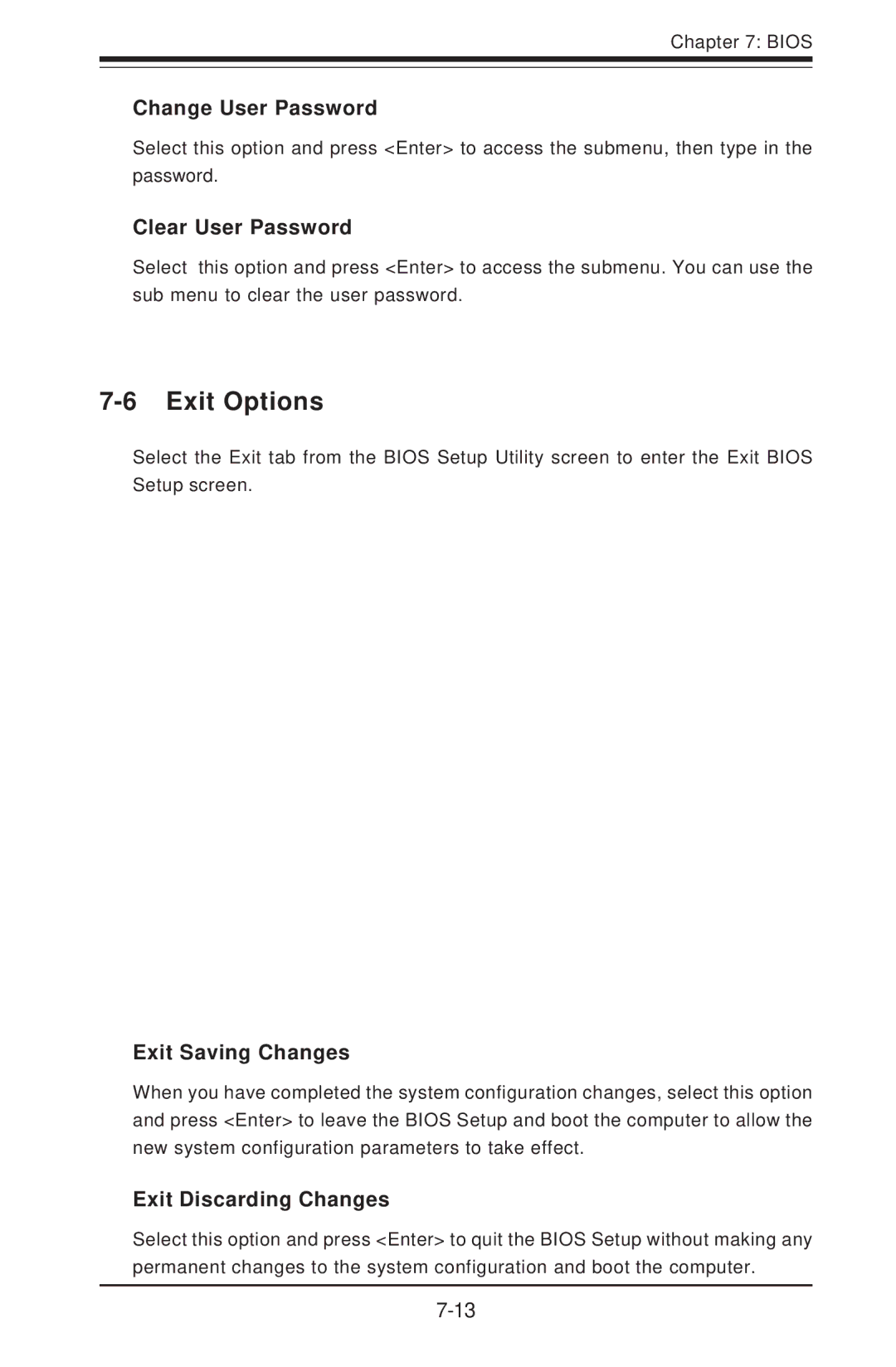 SUPER MICRO Computer 6113L-i, 6113L-8 Exit Options, Change User Password, Clear User Password, Exit Saving Changes 