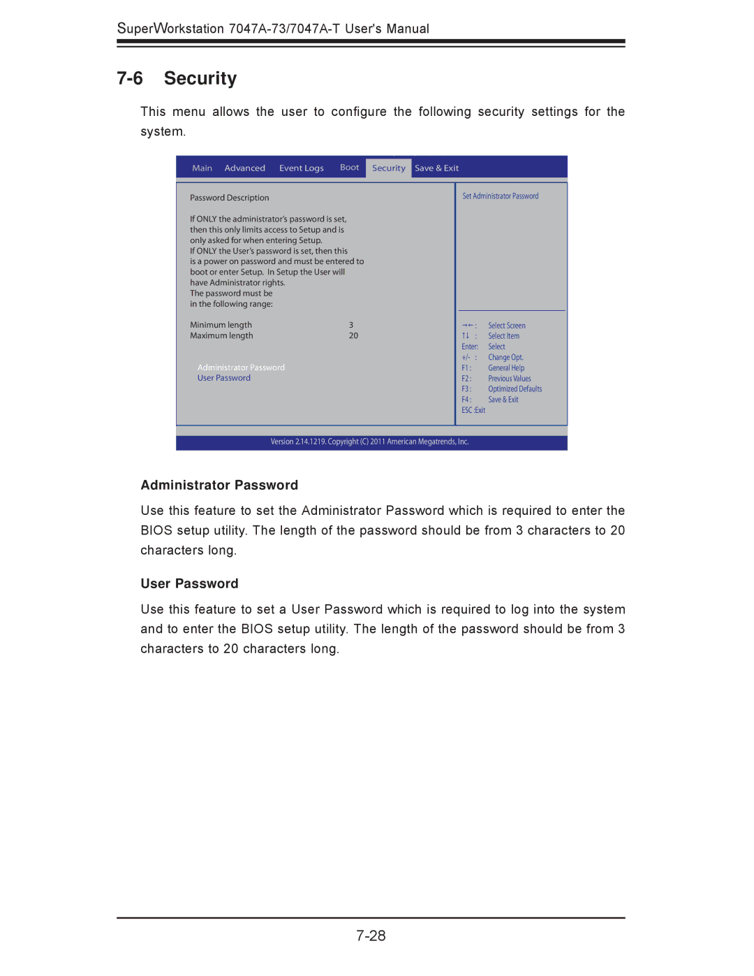 SUPER MICRO Computer 7047A-T, 7047A-73 user manual Security, Administrator Password, User Password 