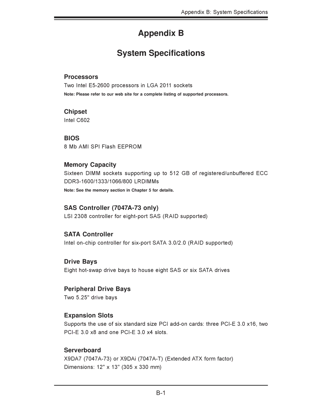 SUPER MICRO Computer 7047A-73, 7047A-T user manual Appendix B System Speciﬁcations, Bios 