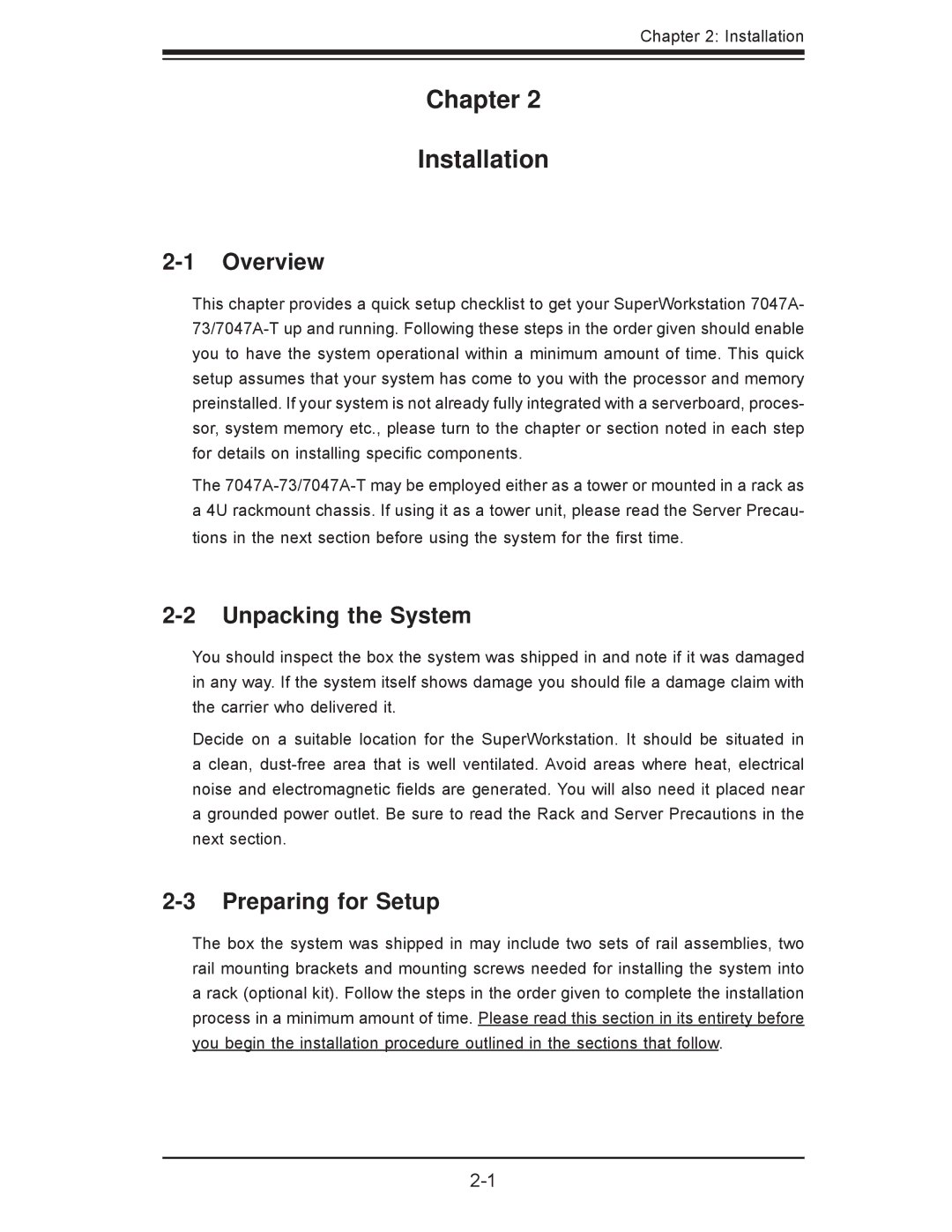 SUPER MICRO Computer 7047A-73, 7047A-T user manual Chapter Installation, Unpacking the System, Preparing for Setup 