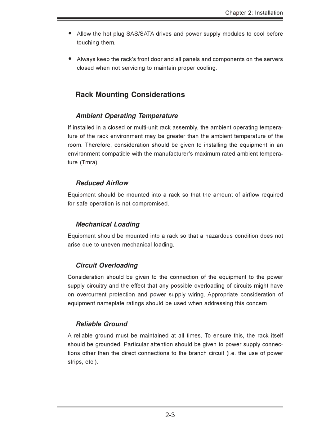 SUPER MICRO Computer 7047A-73, 7047A-T user manual Rack Mounting Considerations, Ambient Operating Temperature 