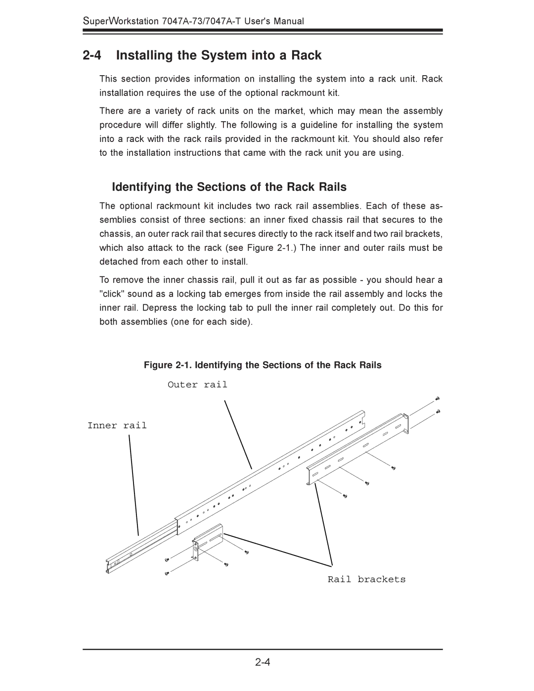 SUPER MICRO Computer 7047A-T, 7047A-73 Installing the System into a Rack, Identifying the Sections of the Rack Rails 