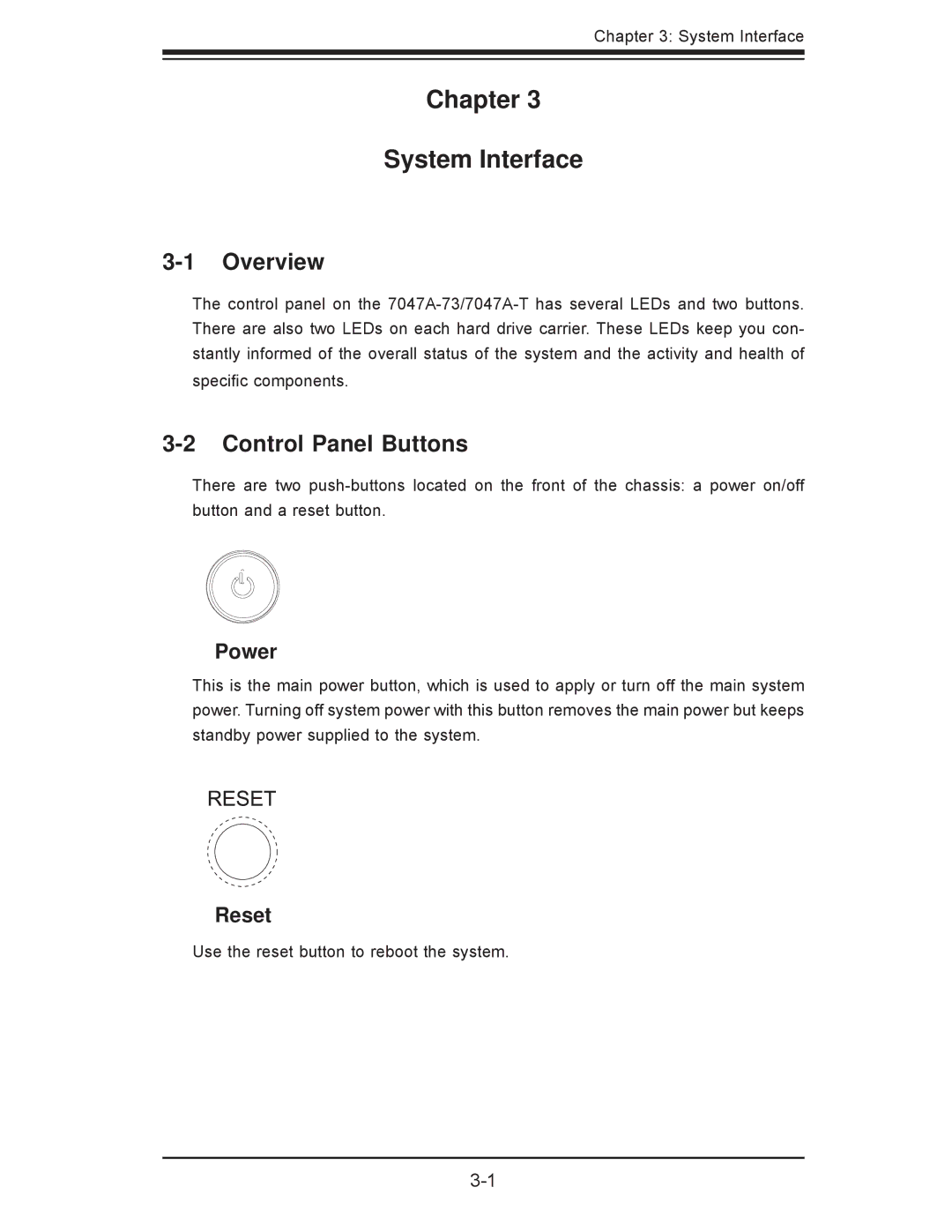 SUPER MICRO Computer 7047A-73, 7047A-T user manual Chapter System Interface, Control Panel Buttons, Power, Reset 