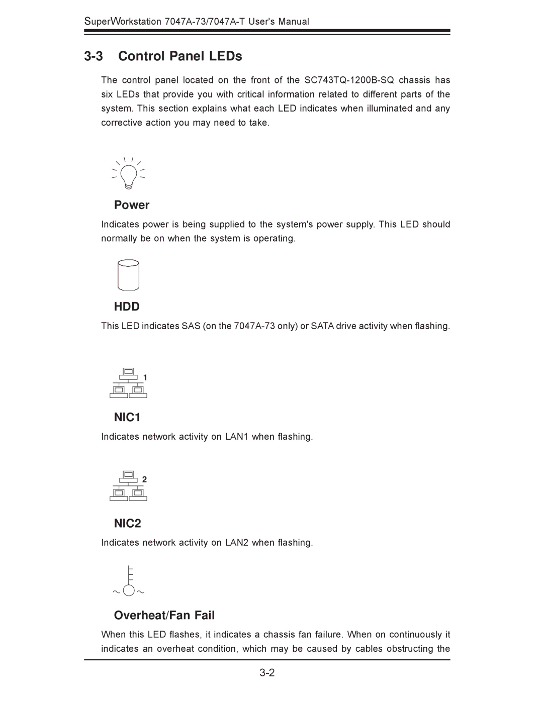 SUPER MICRO Computer 7047A-T, 7047A-73 user manual Control Panel LEDs, Overheat/Fan Fail 