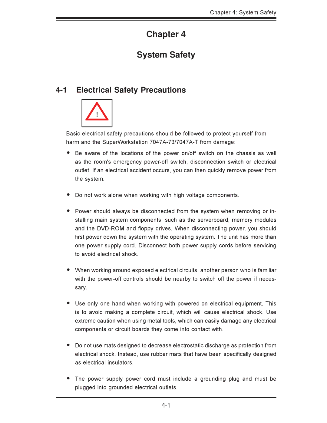 SUPER MICRO Computer 7047A-73, 7047A-T user manual Chapter System Safety, Electrical Safety Precautions 