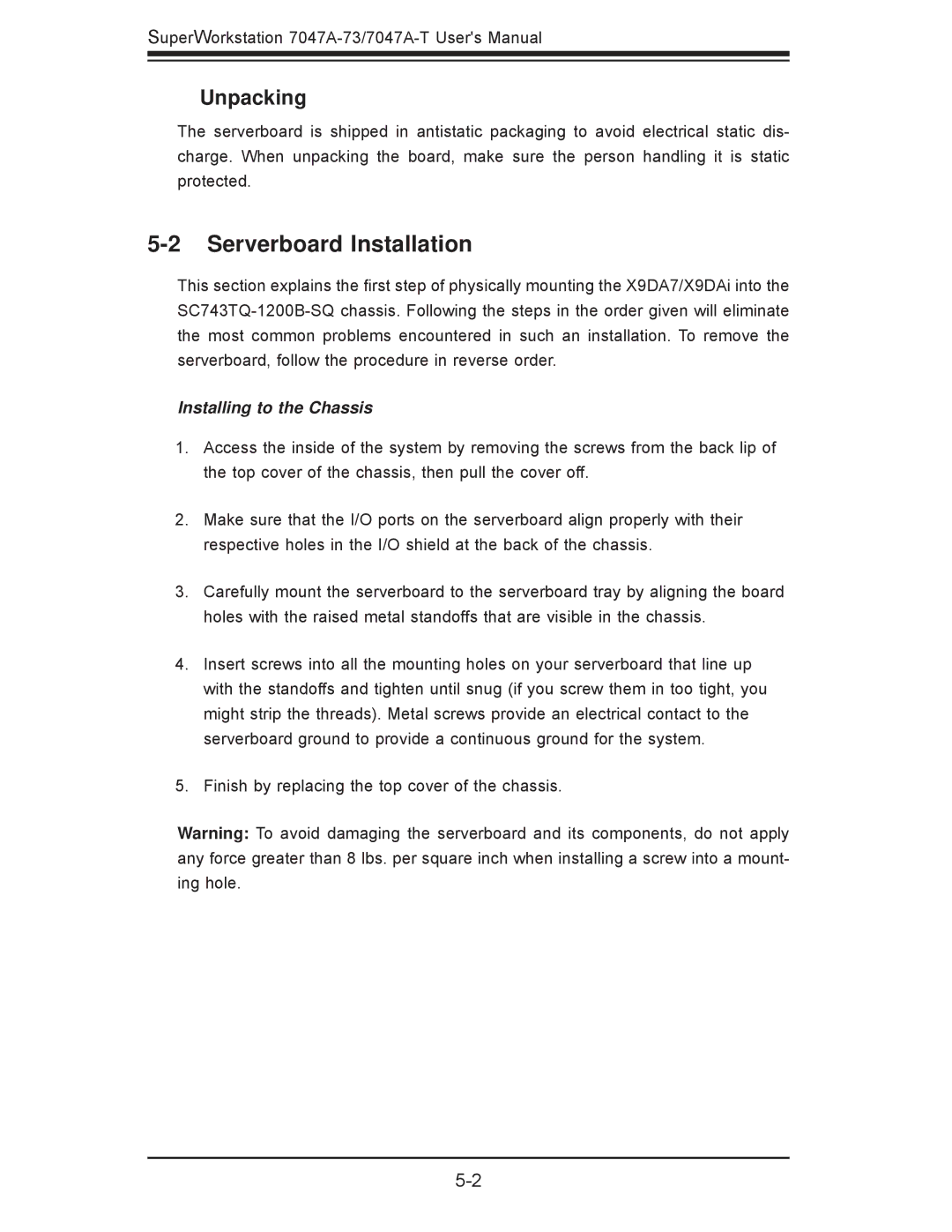 SUPER MICRO Computer 7047A-T, 7047A-73 user manual Serverboard Installation, Unpacking 