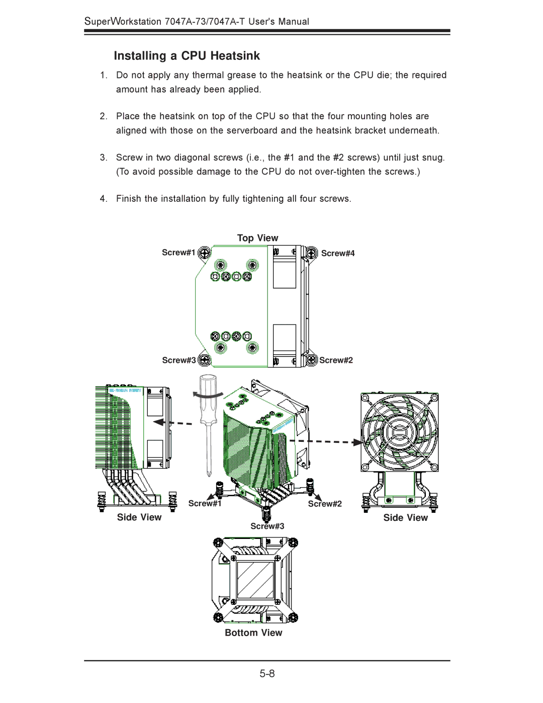 SUPER MICRO Computer 7047A-T, 7047A-73 user manual Installing a CPU Heatsink, Top View, Side View, Bottom View 