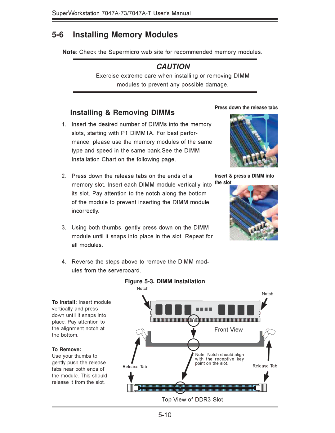 SUPER MICRO Computer 7047A-T, 7047A-73 user manual Installing Memory Modules, Installing & Removing DIMMs 