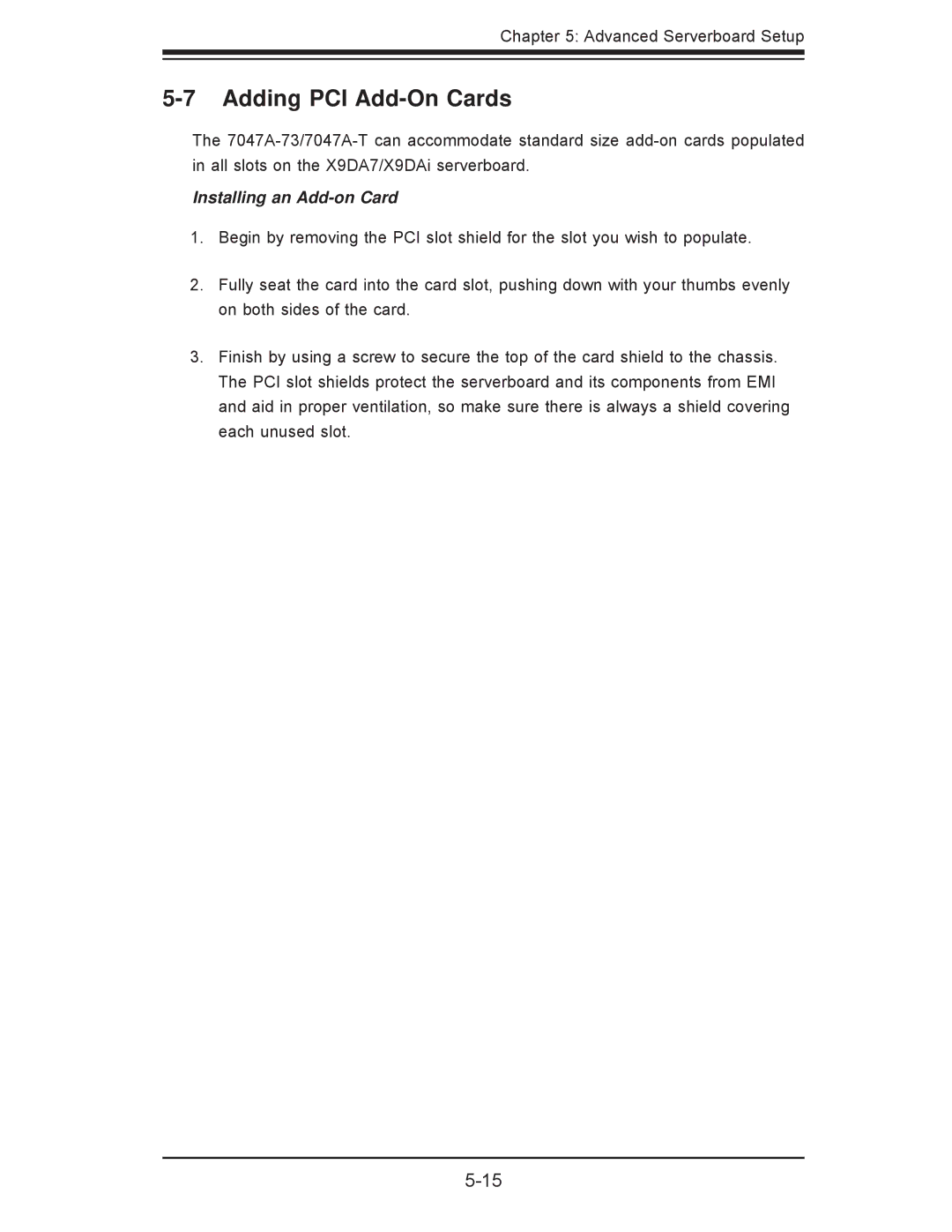 SUPER MICRO Computer 7047A-73, 7047A-T user manual Adding PCI Add-On Cards, Installing an Add-on Card 