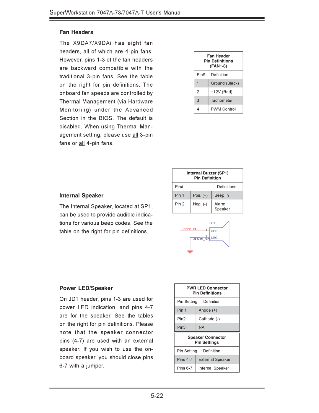 SUPER MICRO Computer 7047A-T, 7047A-73 user manual Fan Headers, Internal Speaker, Power LED/Speaker 