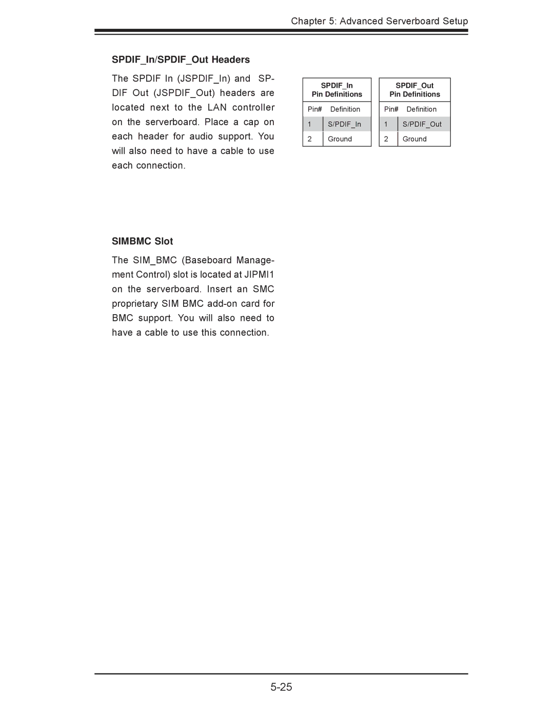 SUPER MICRO Computer 7047A-73, 7047A-T user manual SPDIFIn/SPDIFOut Headers, Simbmc Slot 