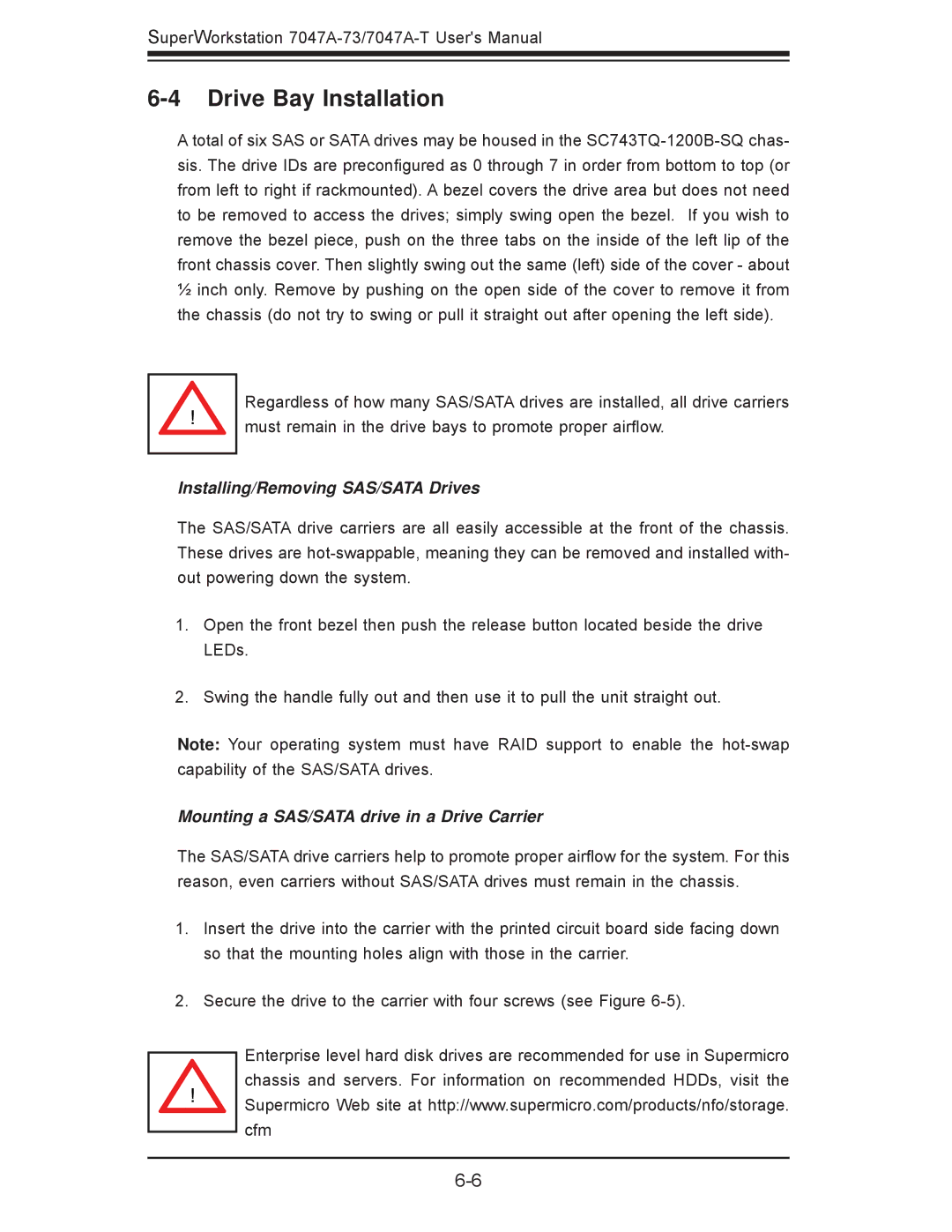 SUPER MICRO Computer 7047A-T, 7047A-73 user manual Drive Bay Installation, Installing/Removing SAS/SATA Drives 