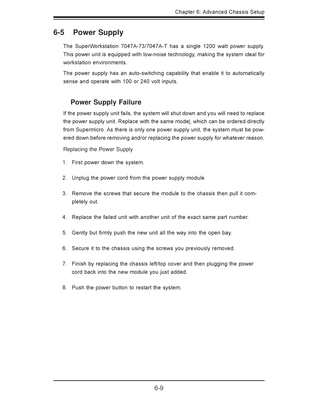 SUPER MICRO Computer 7047A-73, 7047A-T user manual Power Supply Failure 