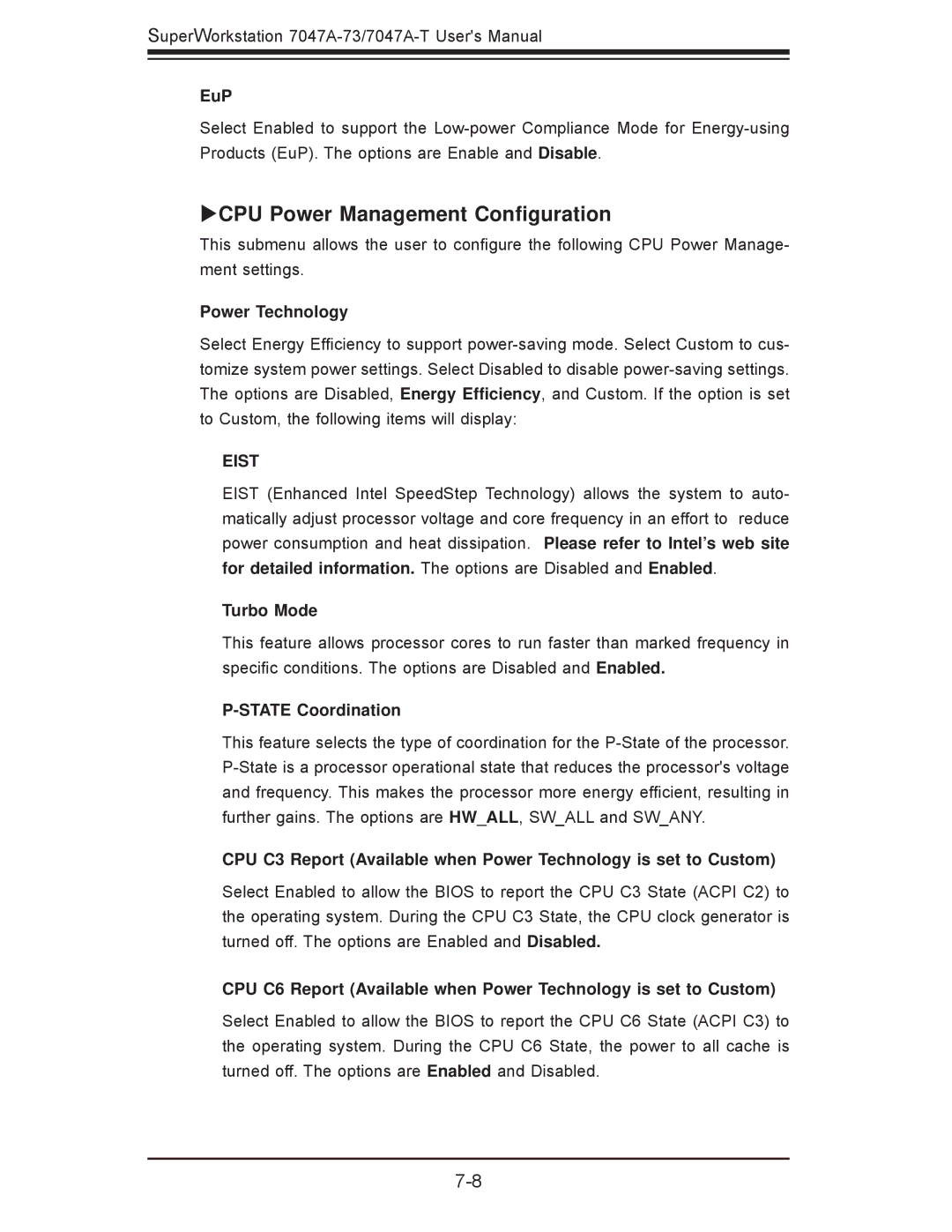 SUPER MICRO Computer 7047A-T Xcpu Power Management Conﬁguration, EuP, Power Technology, Turbo Mode, State Coordination 