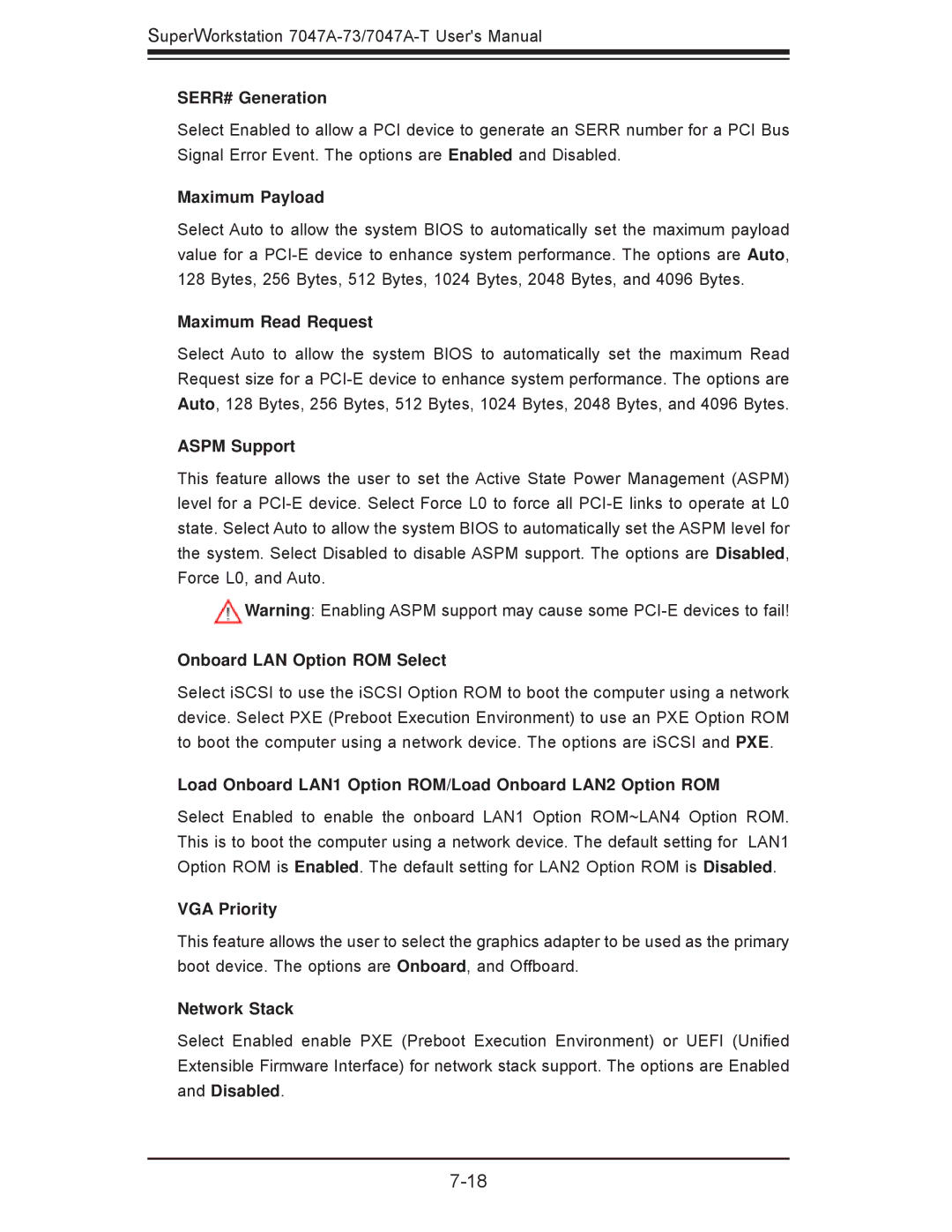 SUPER MICRO Computer 7047A-T, 7047A-73 SERR# Generation, Maximum Payload, Maximum Read Request, Aspm Support, VGA Priority 
