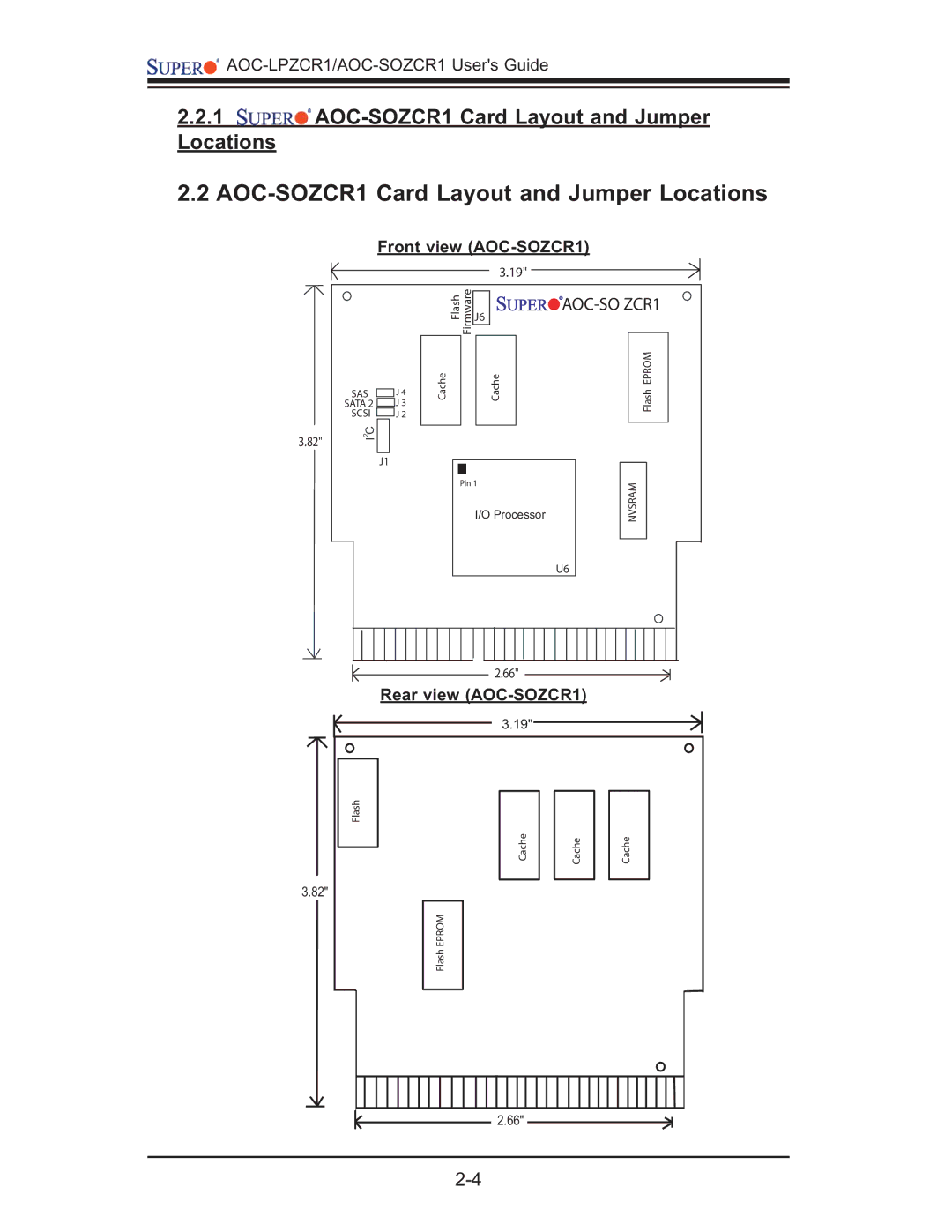 SUPER MICRO Computer AOC-LPZCR1 AOC-SOZCR1 Card Layout and Jumper Locations, Front view AOC-SOZCR1, Rear view AOC-SOZCR1 