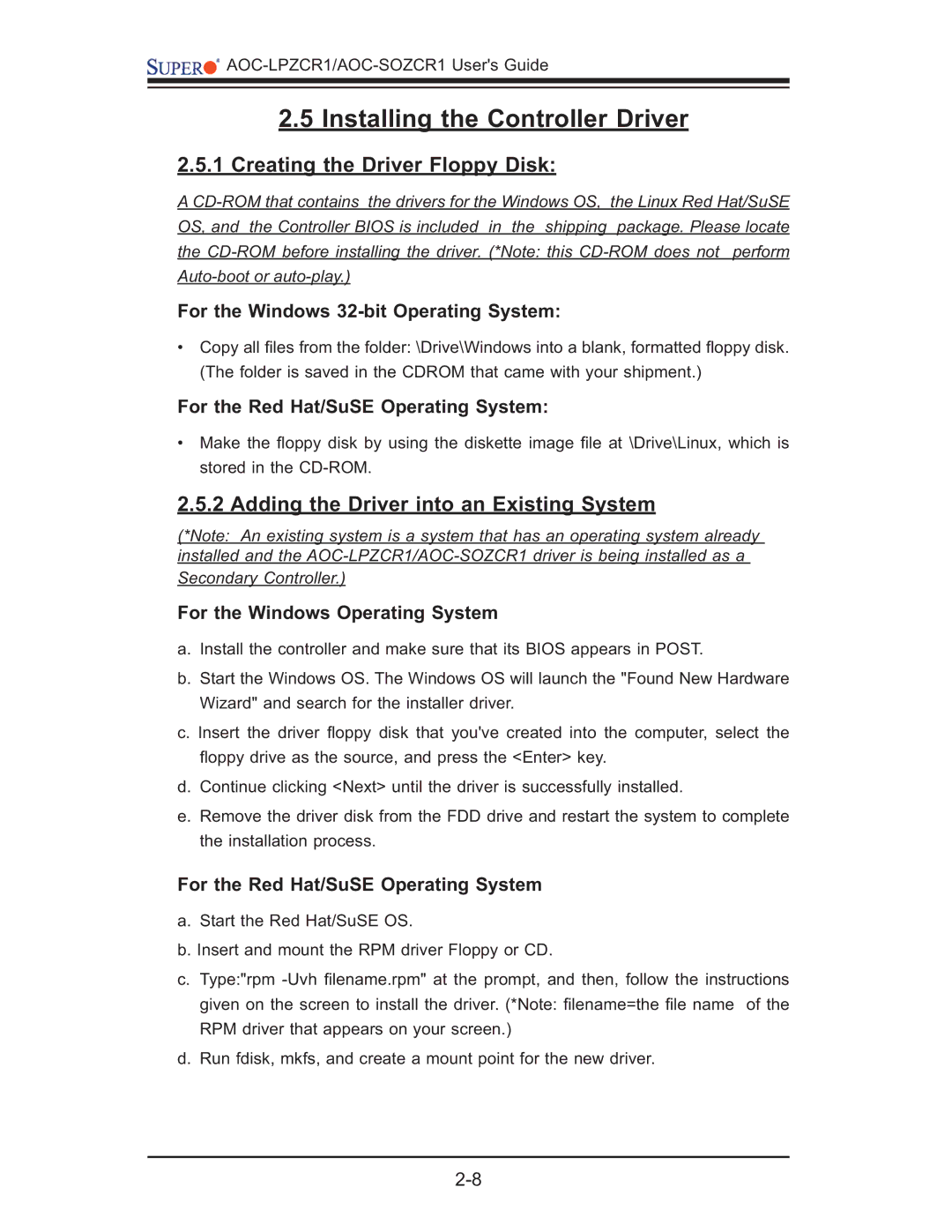 SUPER MICRO Computer AOC-LPZCR1, AOC-SOZCR1 Creating the Driver Floppy Disk, Adding the Driver into an Existing System 