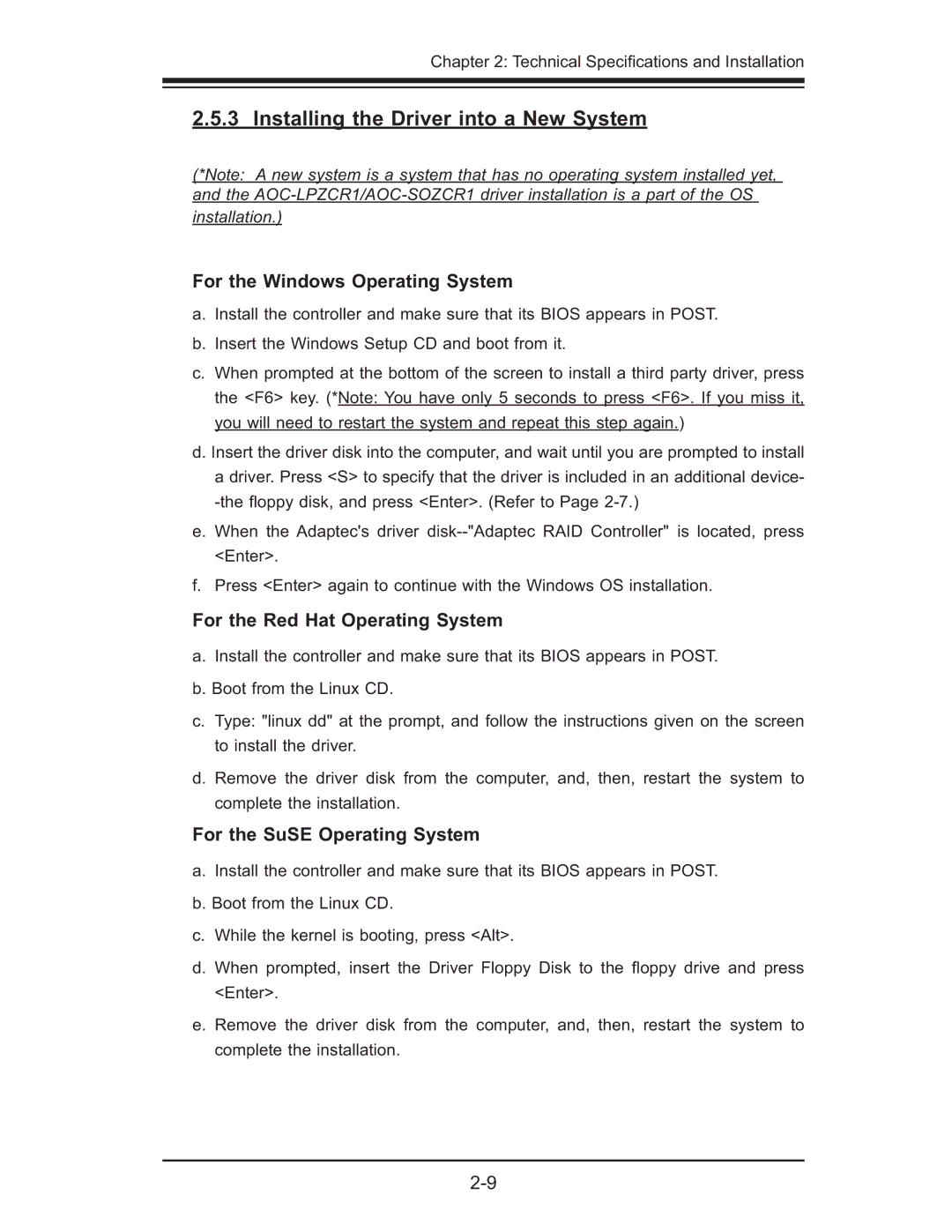 SUPER MICRO Computer AOC-SOZCR1, AOC-LPZCR1 manual Installing the Driver into a New System, For the Red Hat Operating System 