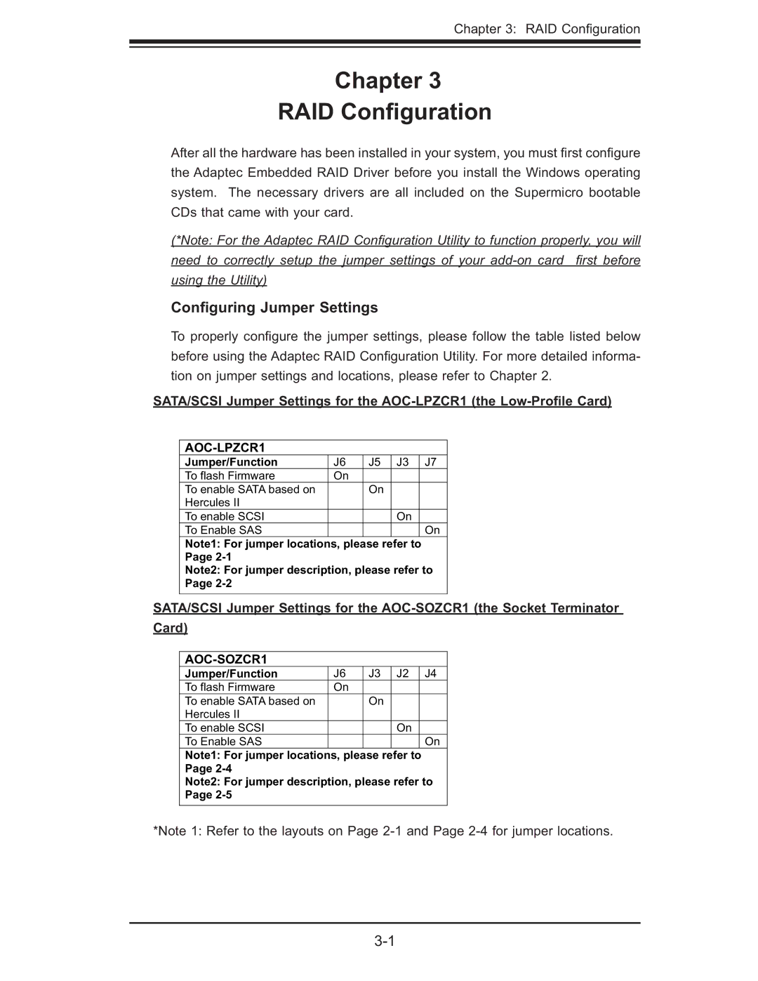 SUPER MICRO Computer AOC-SOZCR1, AOC-LPZCR1 manual Chapter RAID Conﬁguration, Conﬁguring Jumper Settings 