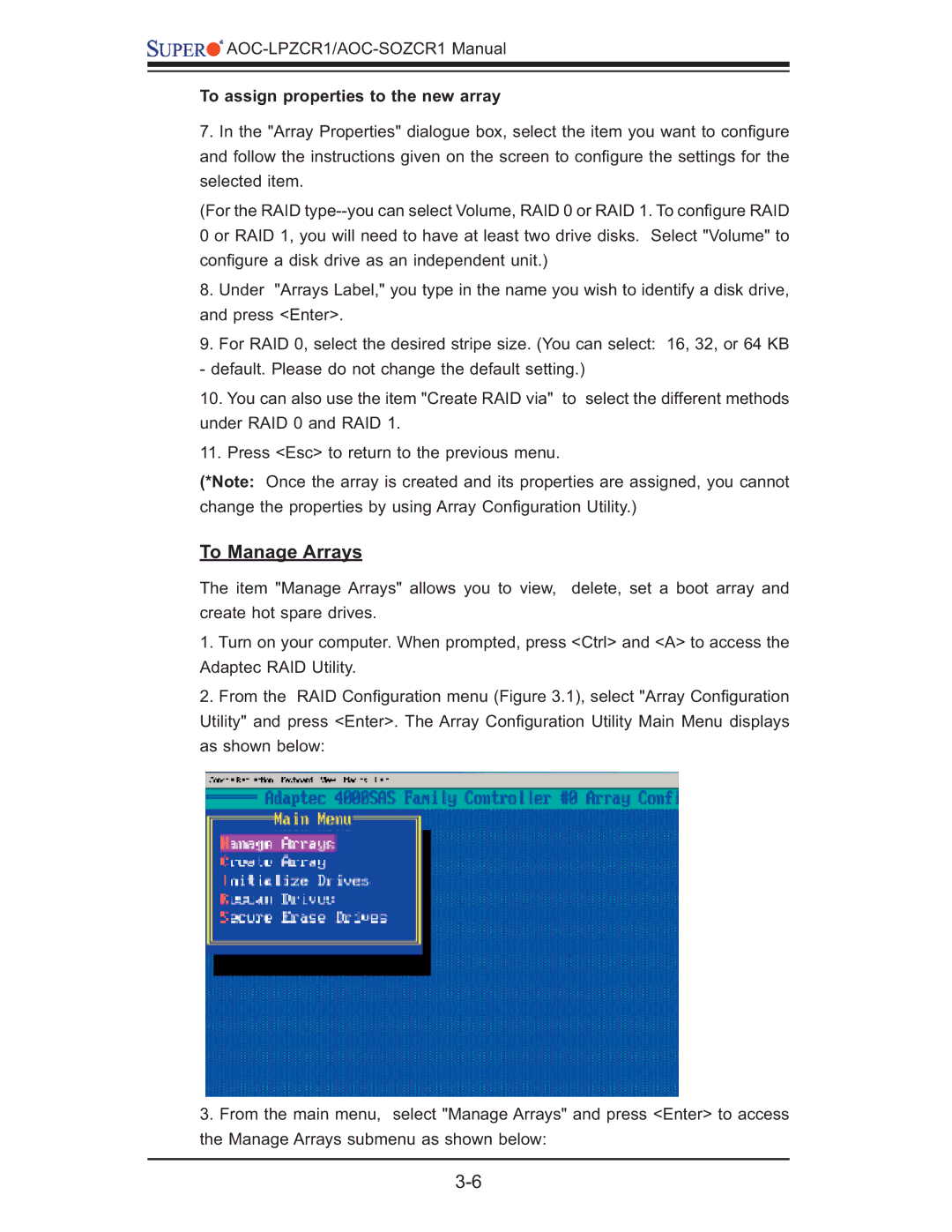 SUPER MICRO Computer AOC-LPZCR1, AOC-SOZCR1 manual To Manage Arrays, To assign properties to the new array 