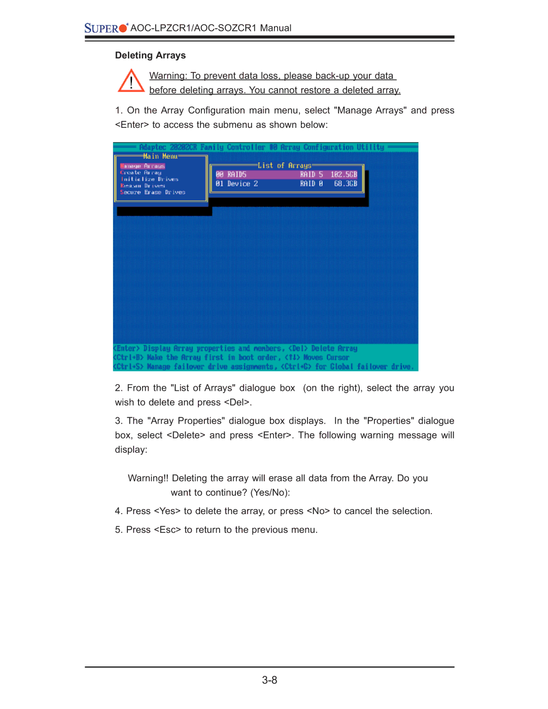 SUPER MICRO Computer AOC-LPZCR1, AOC-SOZCR1 manual Deleting Arrays 