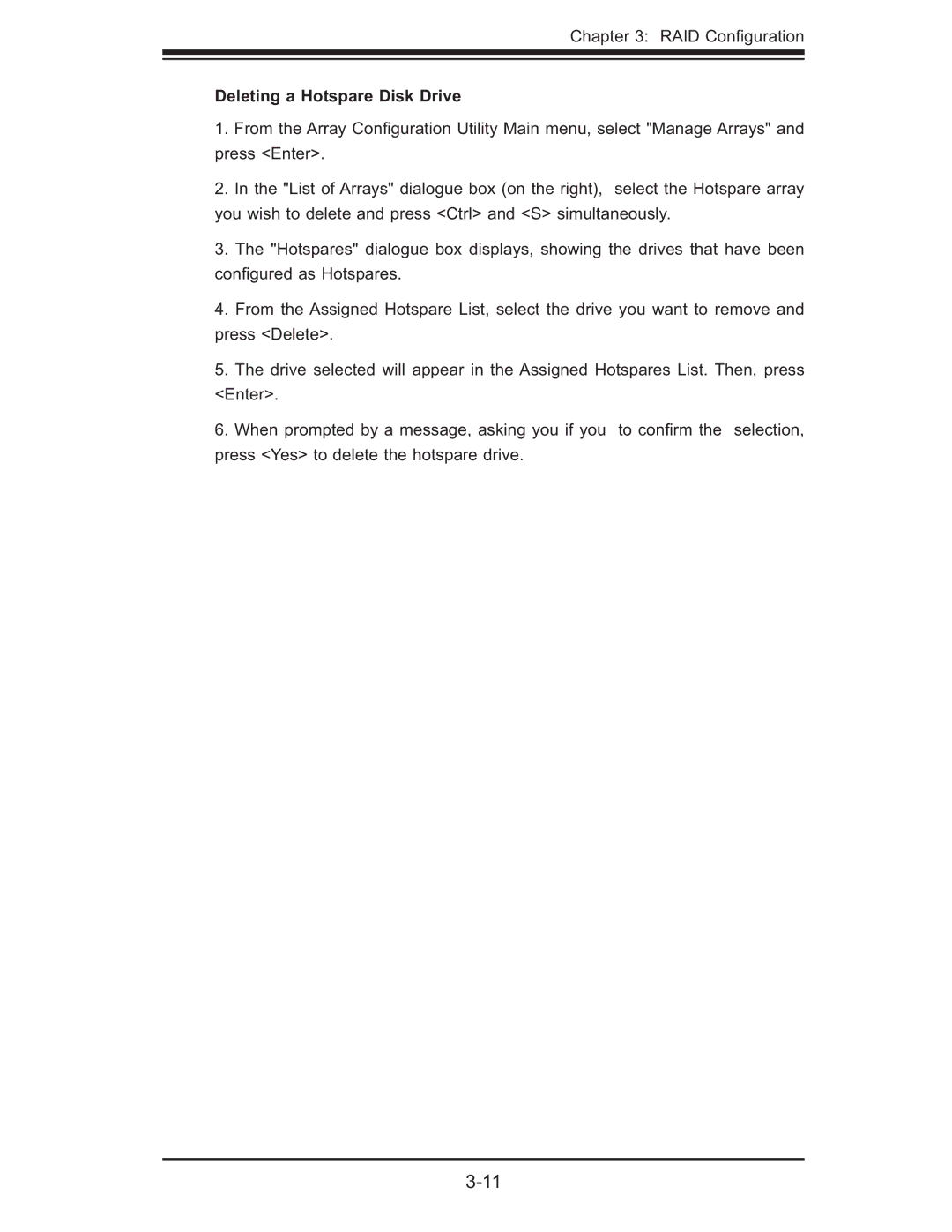 SUPER MICRO Computer AOC-SOZCR1, AOC-LPZCR1 manual Deleting a Hotspare Disk Drive 