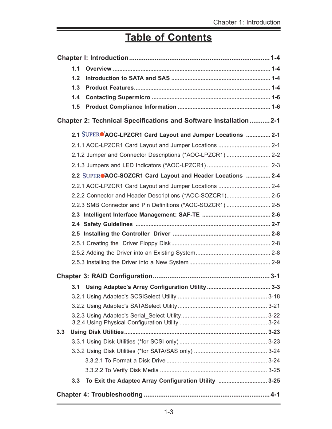 SUPER MICRO Computer AOC-SOZCR1, AOC-LPZCR1 manual Table of Contents 