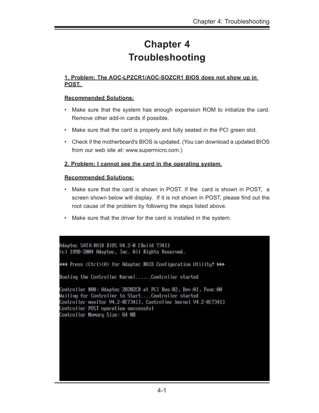 SUPER MICRO Computer AOC-SOZCR1, AOC-LPZCR1 manual Chapter Troubleshooting 