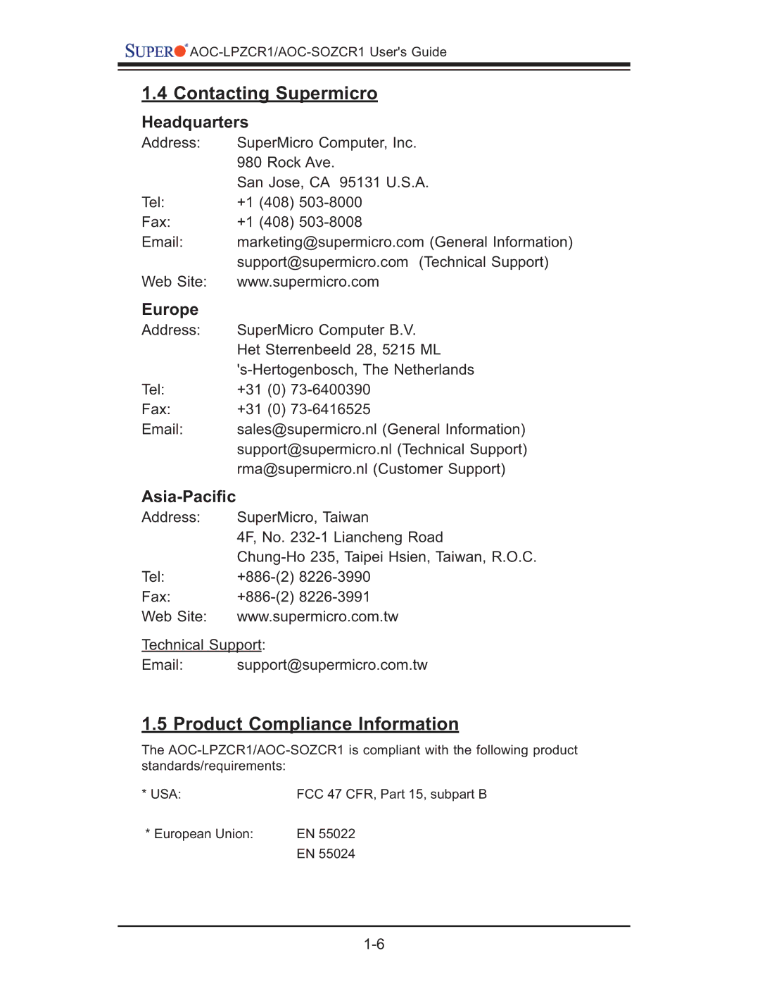 SUPER MICRO Computer AOC-LPZCR1, AOC-SOZCR1 manual Headquarters, Europe, Asia-Paciﬁc 