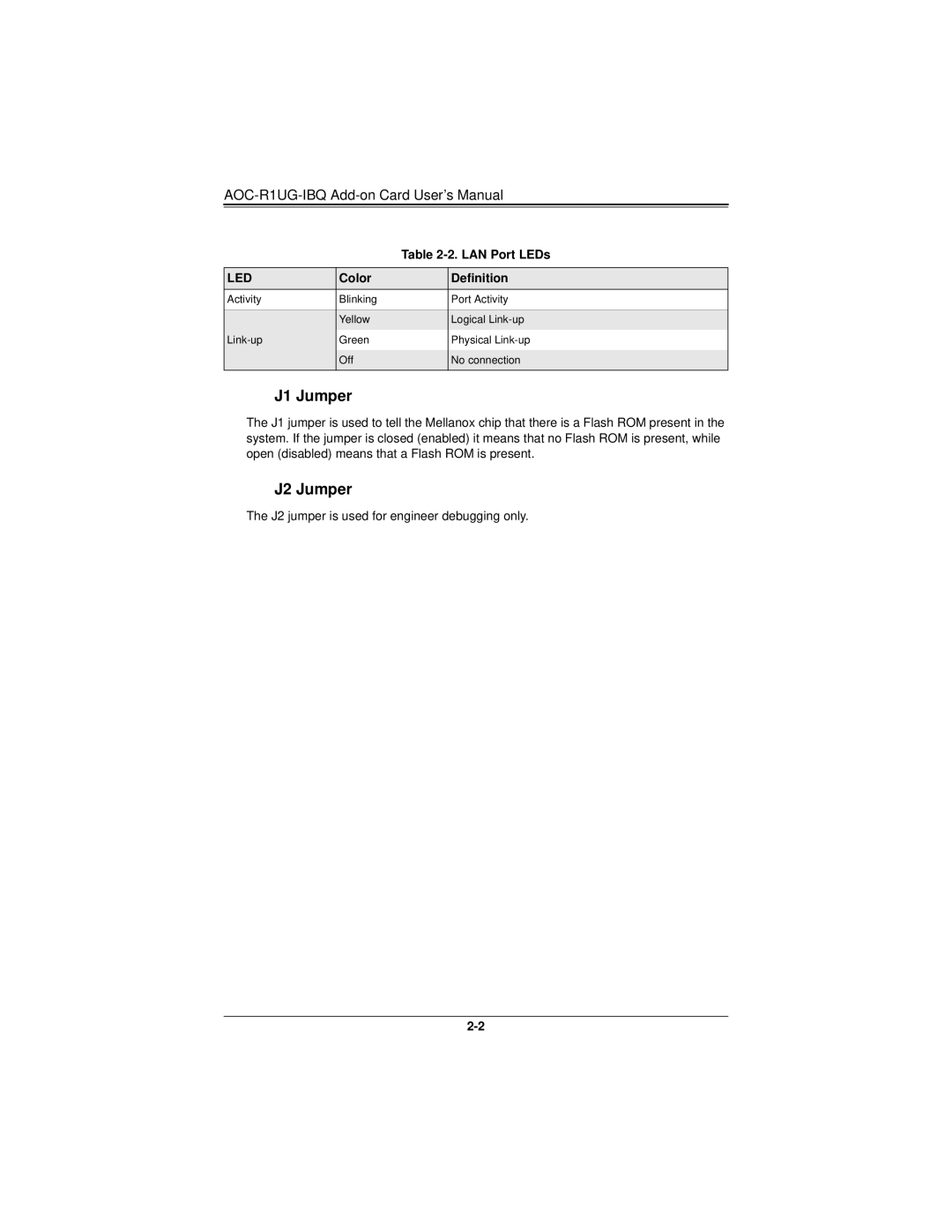 SUPER MICRO Computer AOC-R1UG-IBQ manual J1 Jumper, J2 Jumper 