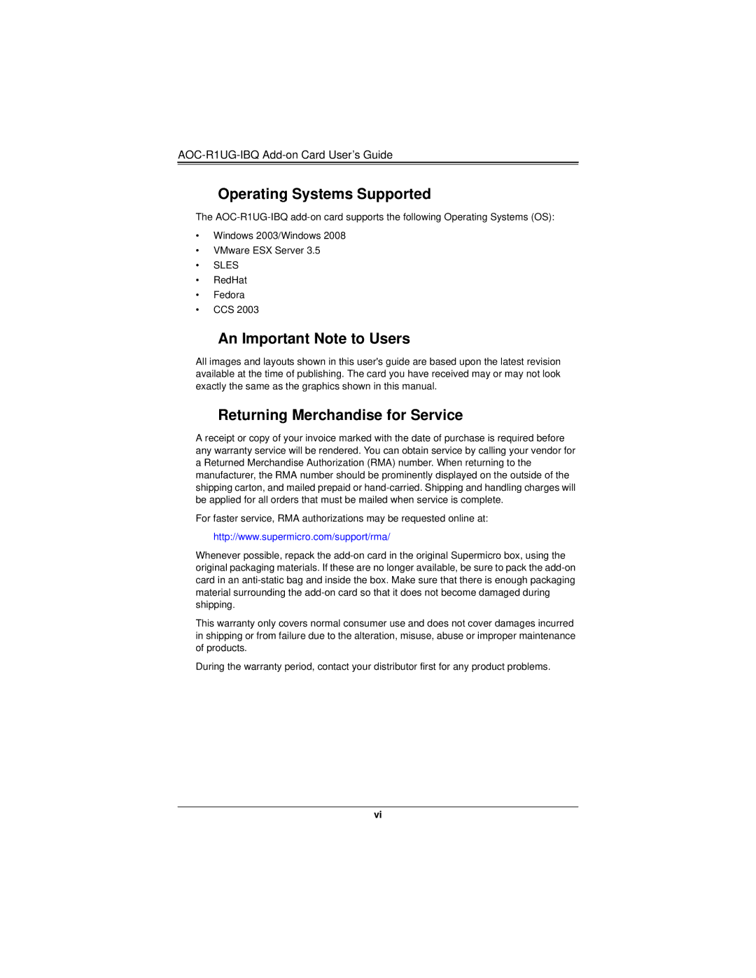SUPER MICRO Computer AOC-R1UG-IBQ manual Operating Systems Supported, An Important Note to Users 
