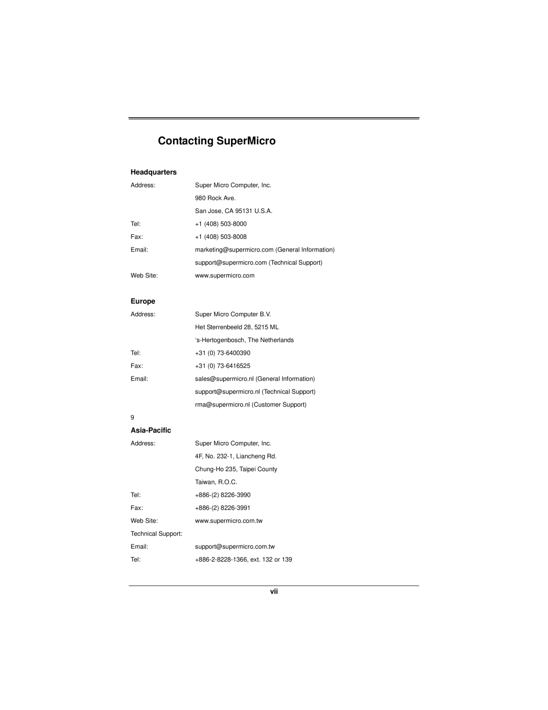 SUPER MICRO Computer AOC-R1UG-IBQ manual Contacting SuperMicro, Headquarters 