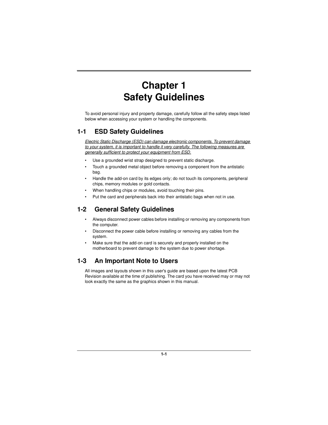 SUPER MICRO Computer AOC-R1UG-IBQ manual Chapter Safety Guidelines, ESD Safety Guidelines, General Safety Guidelines 