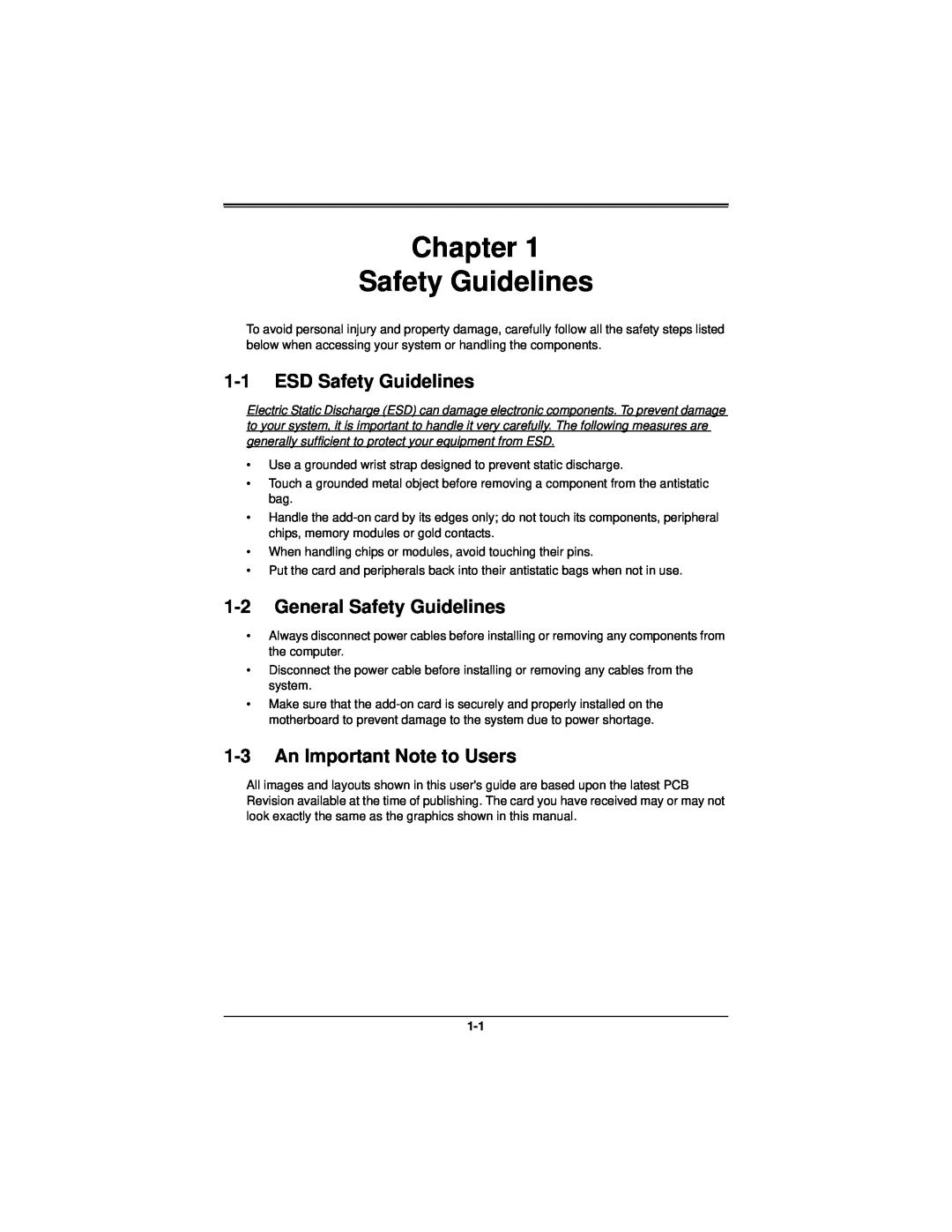 SUPER MICRO Computer AOC-R1UG-IBQ manual Chapter Safety Guidelines, ESD Safety Guidelines, General Safety Guidelines 