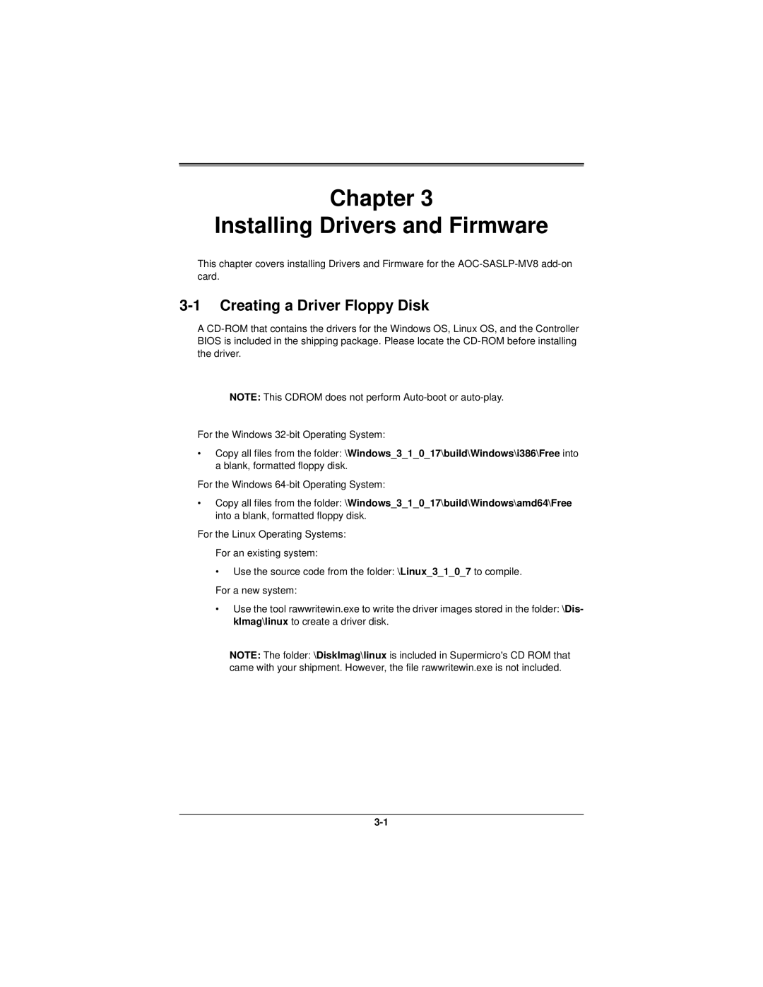 SUPER MICRO Computer AOC-SASLP-MV8 user manual Chapter Installing Drivers and Firmware, Creating a Driver Floppy Disk 