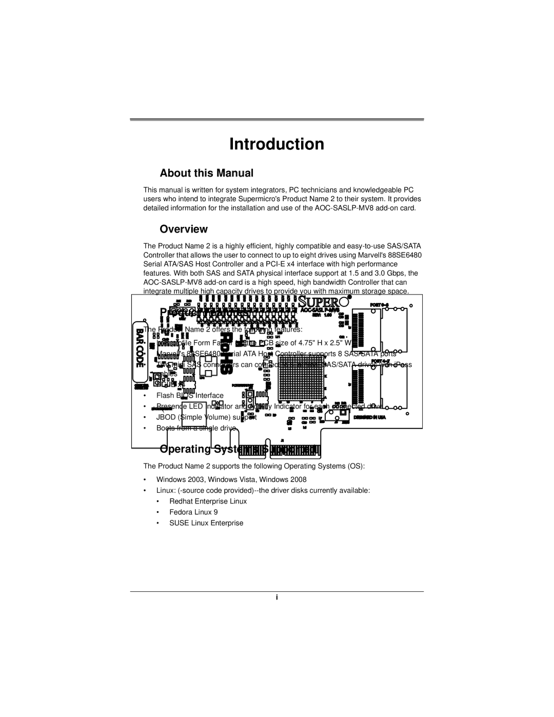 SUPER MICRO Computer AOC-SASLP-MV8 user manual Introduction, About this Manual, Overview, Product Features 