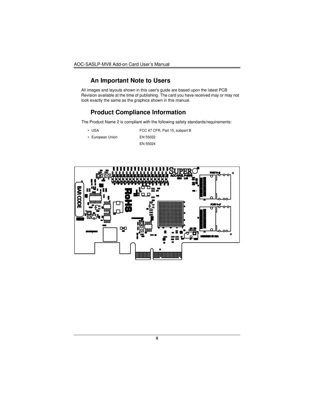 SUPER MICRO Computer AOC-SASLP-MV8 user manual An Important Note to Users, Product Compliance Information 