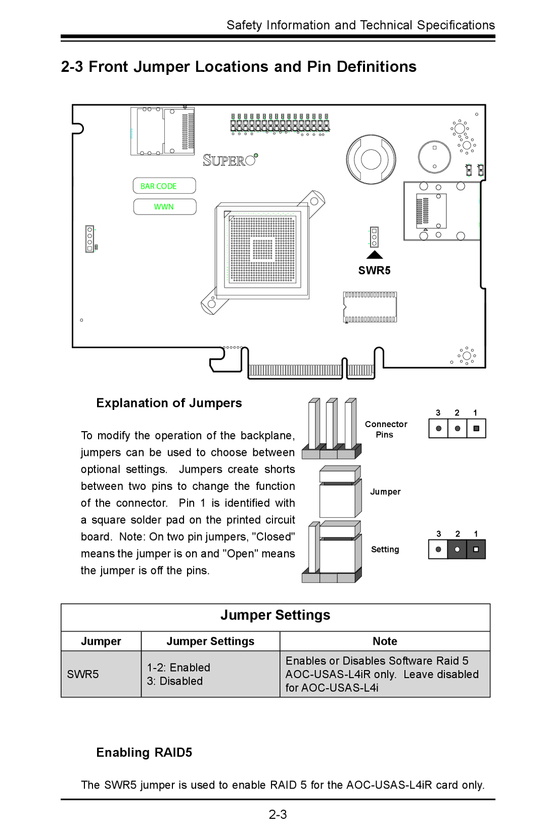 SUPER MICRO Computer AOC-USAS-L4iR manual Front Jumper Locations and Pin Deﬁnitions, Jumper Settings 