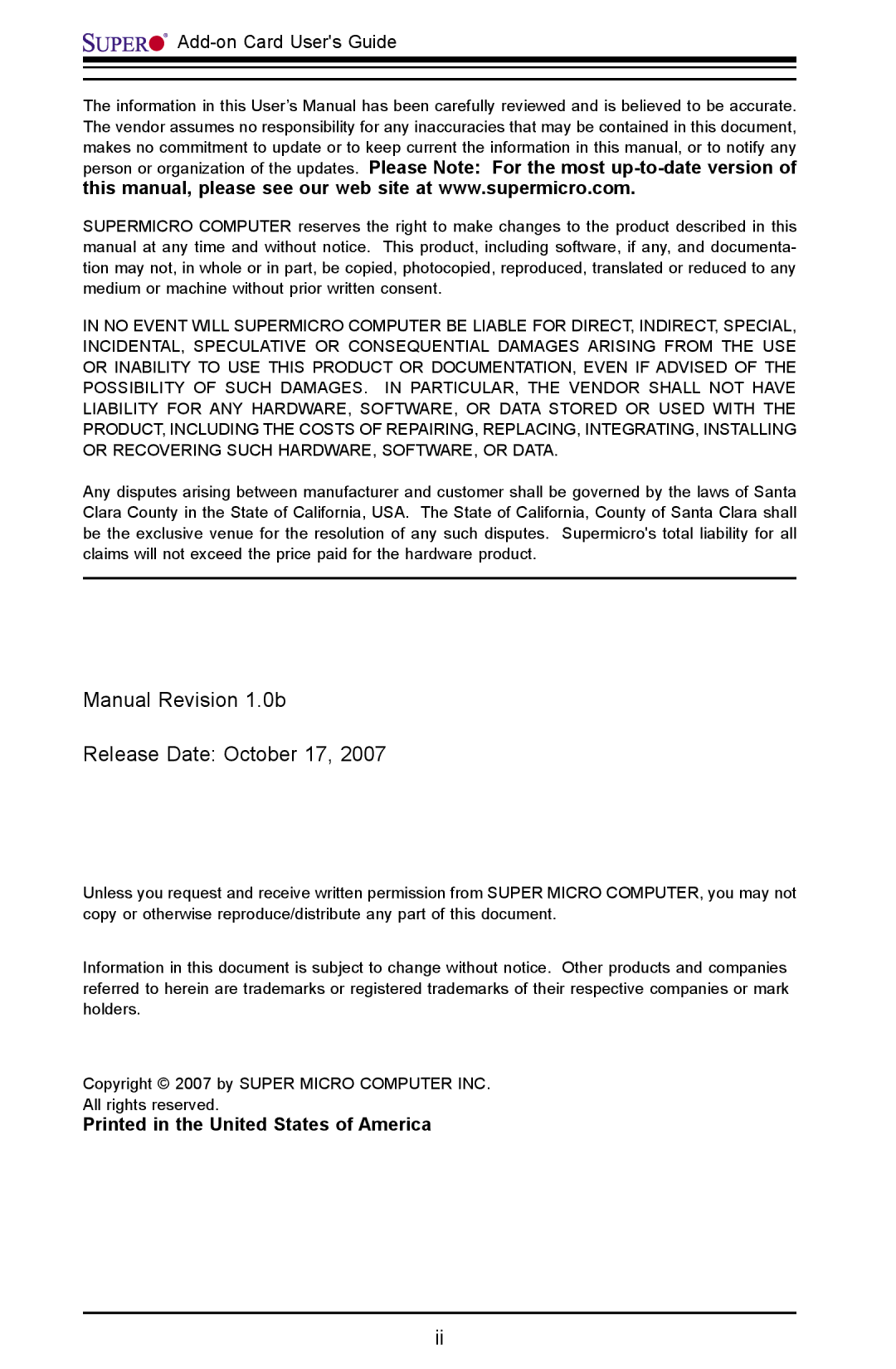 SUPER MICRO Computer AOC-USAS-L4iR manual Manual Revision 1.0b Release Date October 17 