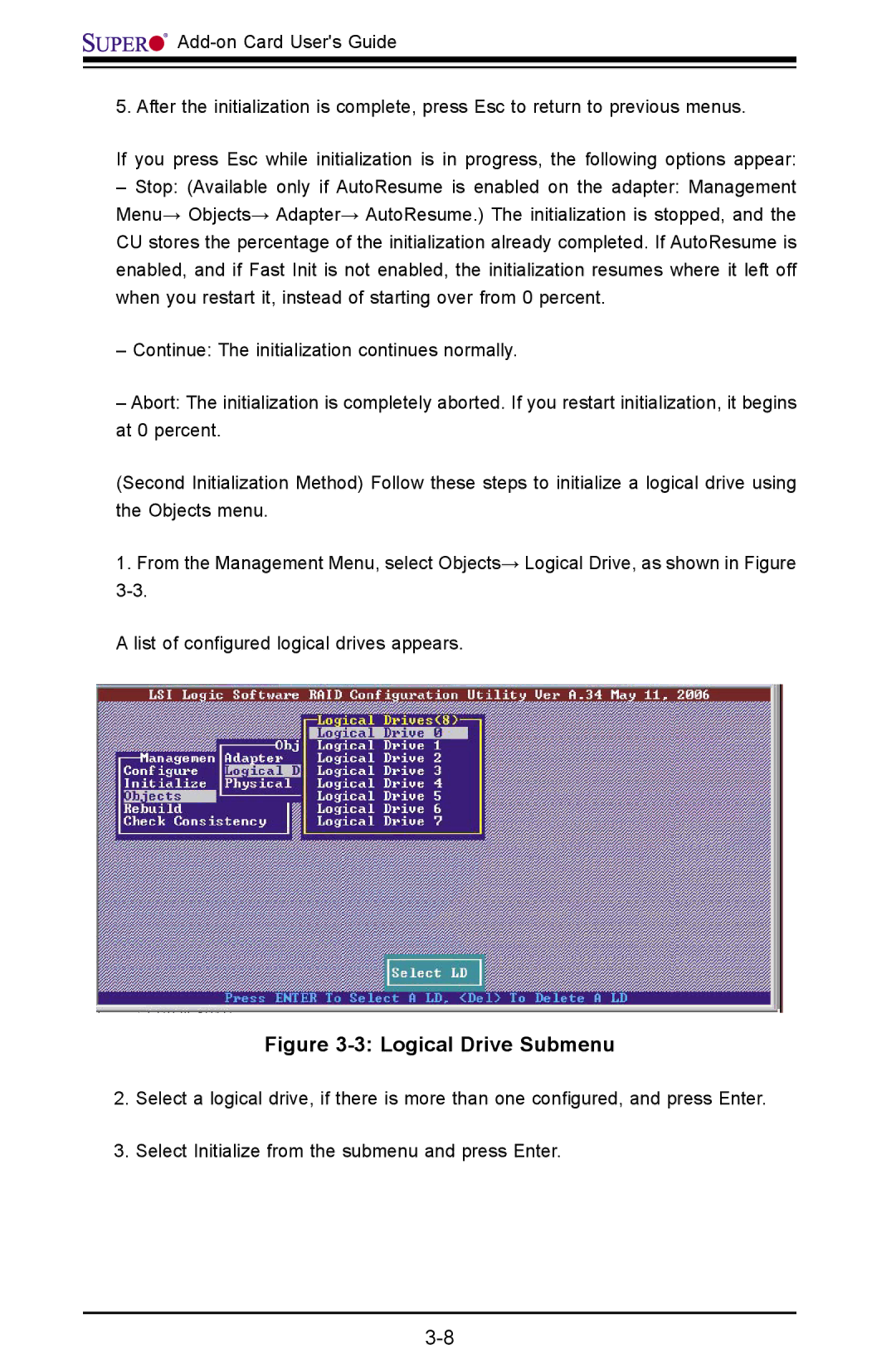 SUPER MICRO Computer AOC-USAS-L4iR manual Logical Drive Submenu 