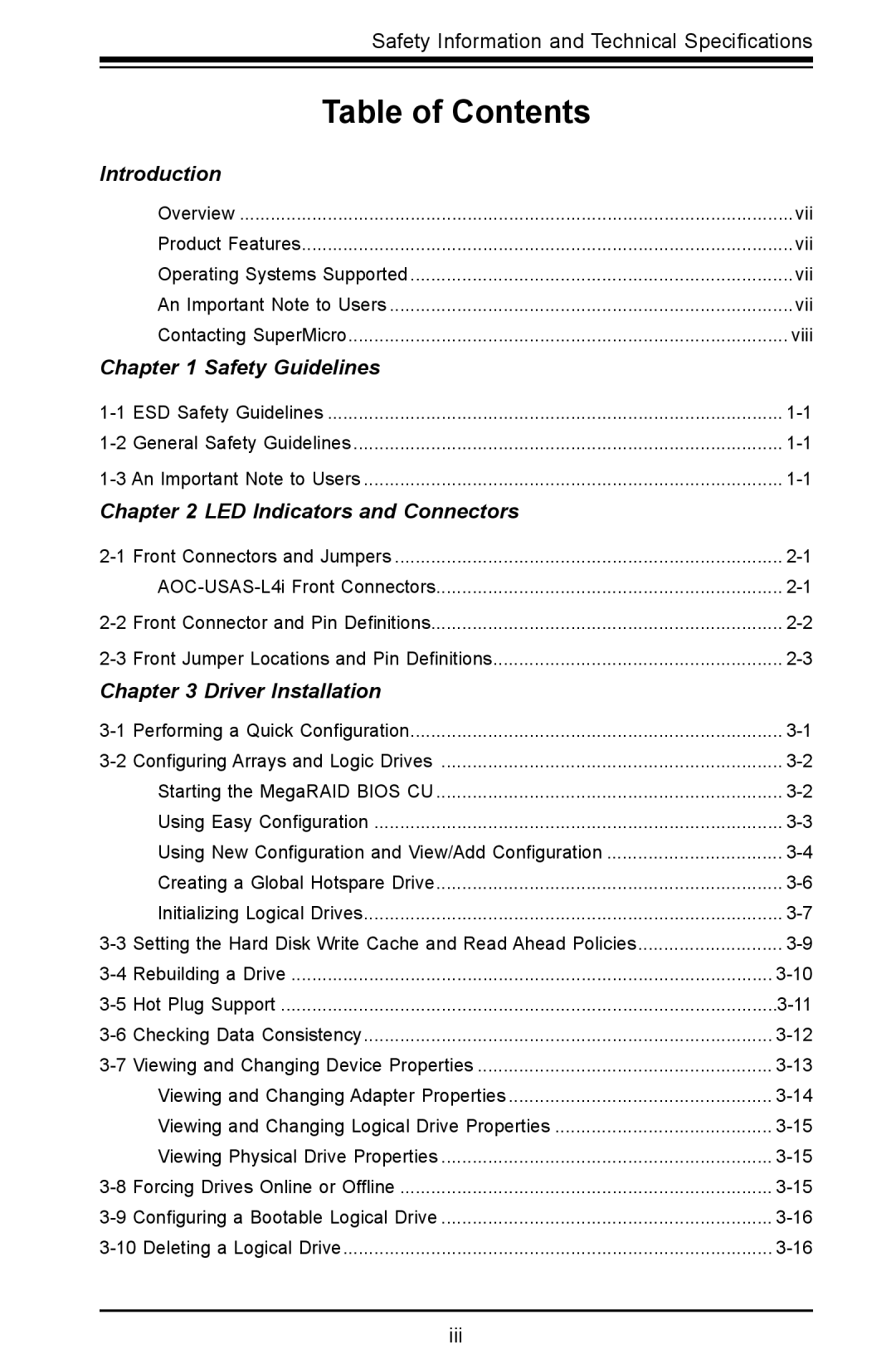 SUPER MICRO Computer AOC-USAS-L4iR manual Table of Contents 