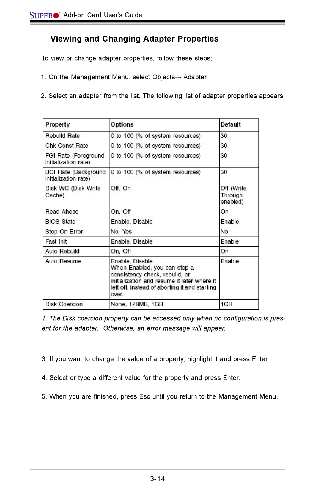 SUPER MICRO Computer AOC-USAS-L4iR manual Viewing and Changing Adapter Properties 