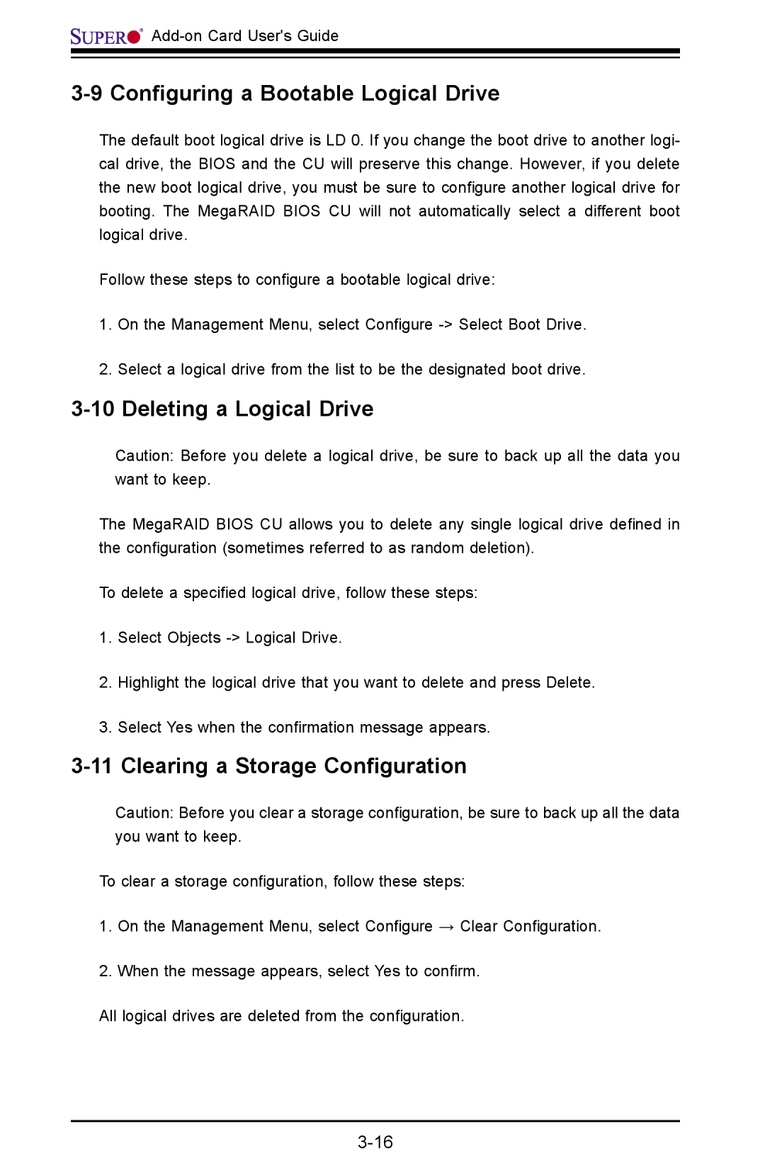 SUPER MICRO Computer AOC-USAS-L4iR manual Conﬁguring a Bootable Logical Drive, Deleting a Logical Drive 