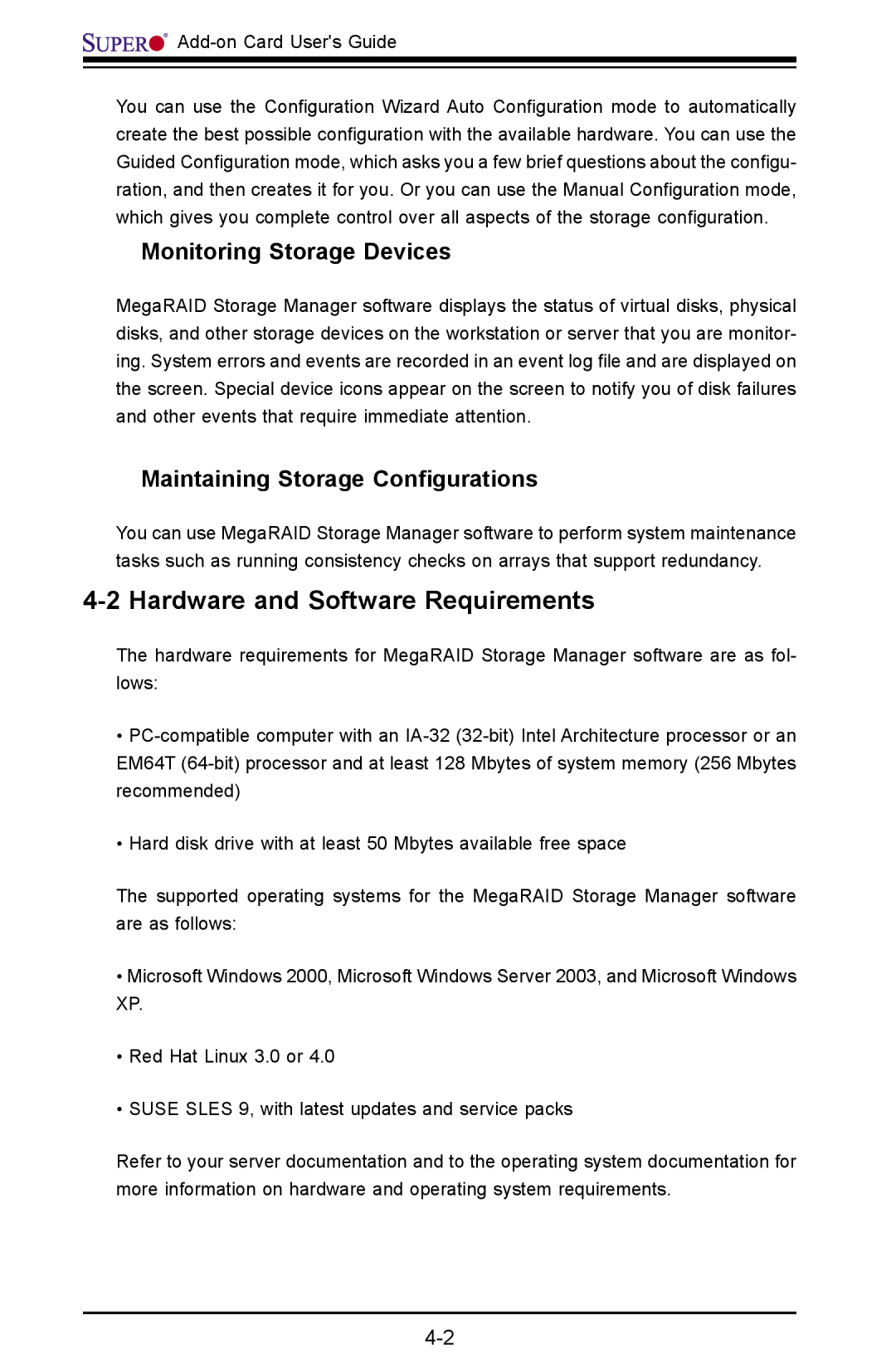 SUPER MICRO Computer AOC-USAS-L4iR manual Hardware and Software Requirements, Monitoring Storage Devices 