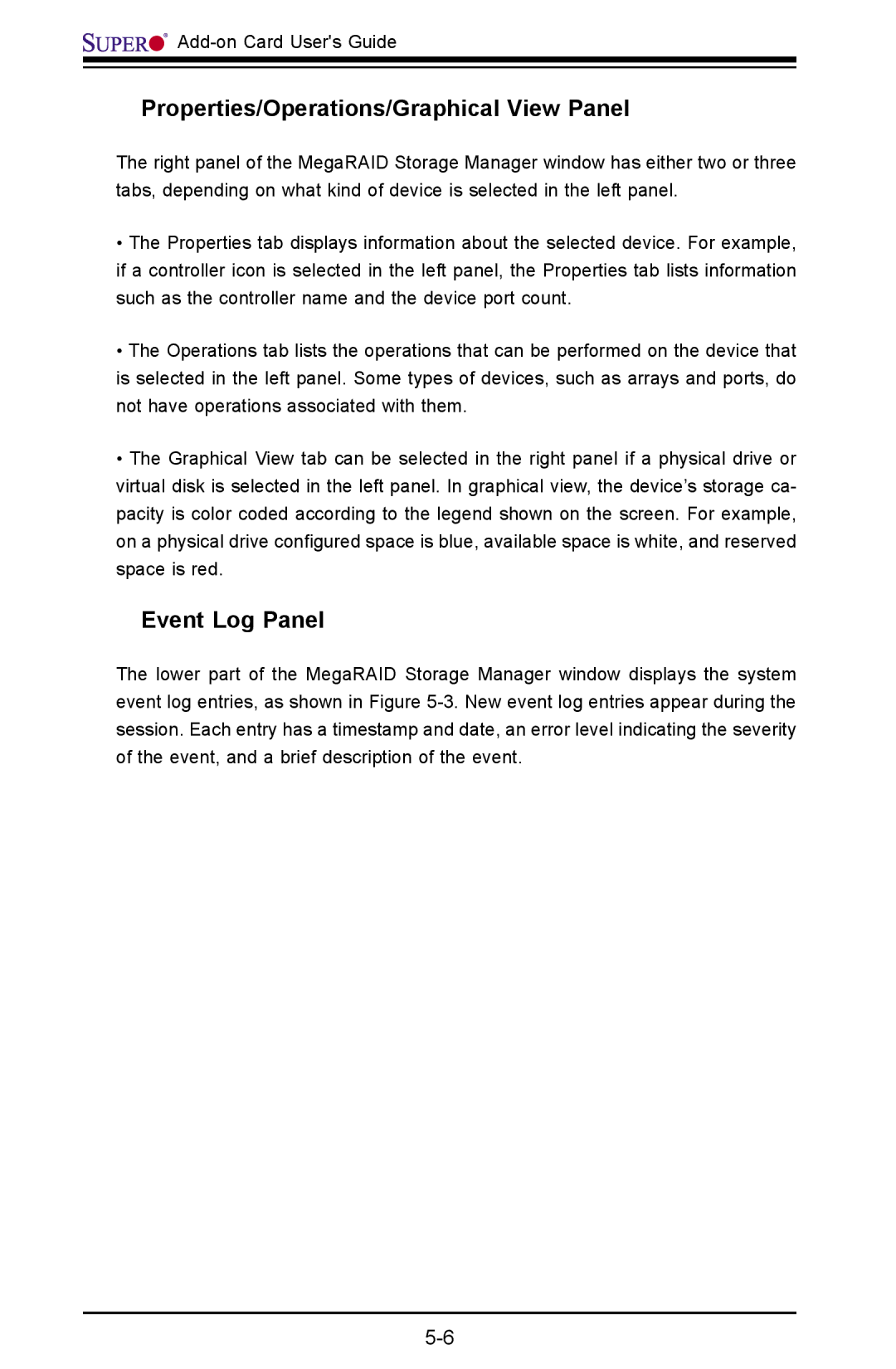 SUPER MICRO Computer AOC-USAS-L4iR manual Properties/Operations/Graphical View Panel, Event Log Panel 