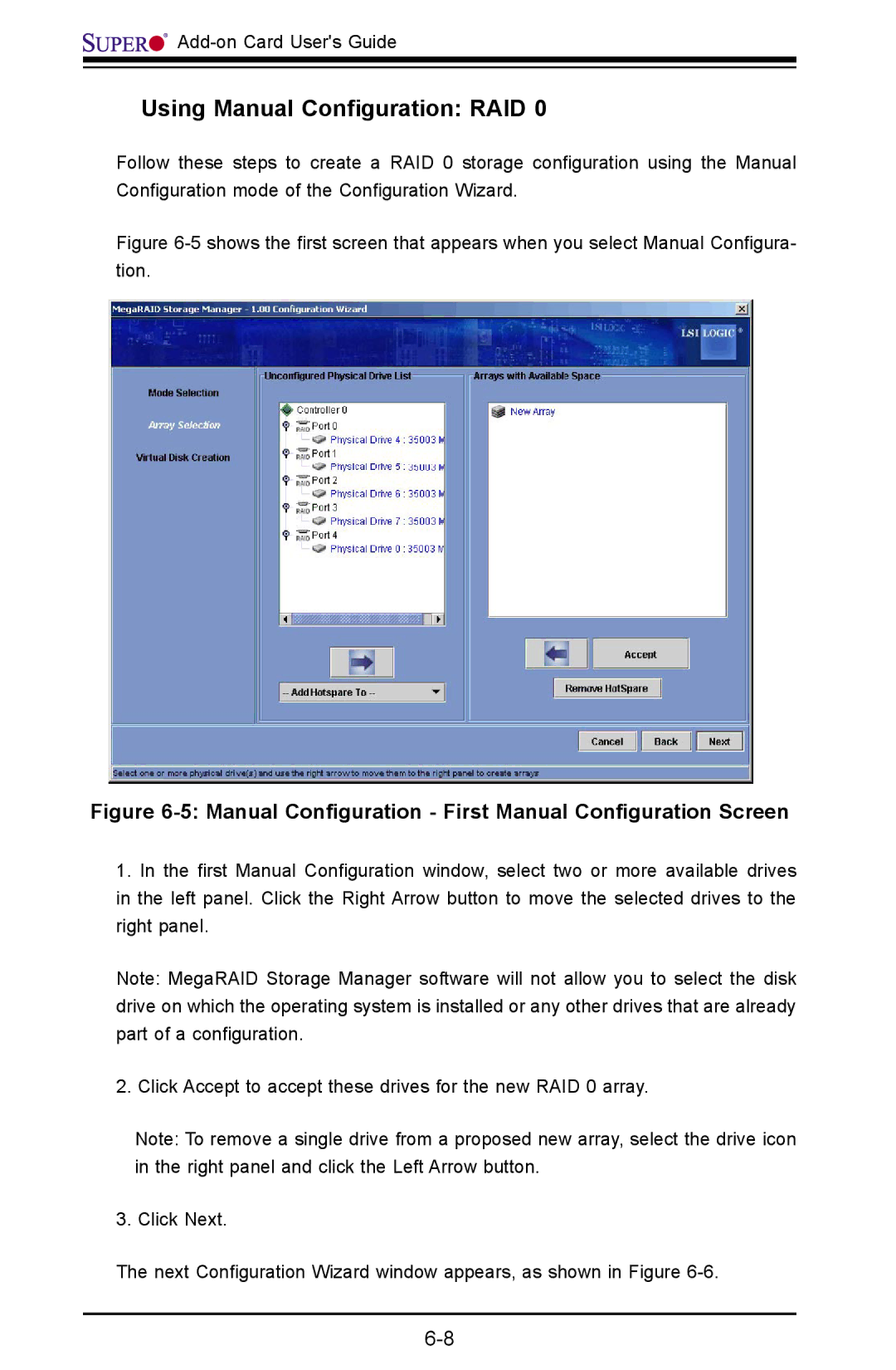 SUPER MICRO Computer AOC-USAS-L4i Using Manual Conﬁguration RAID, Manual Conﬁguration First Manual Conﬁguration Screen 