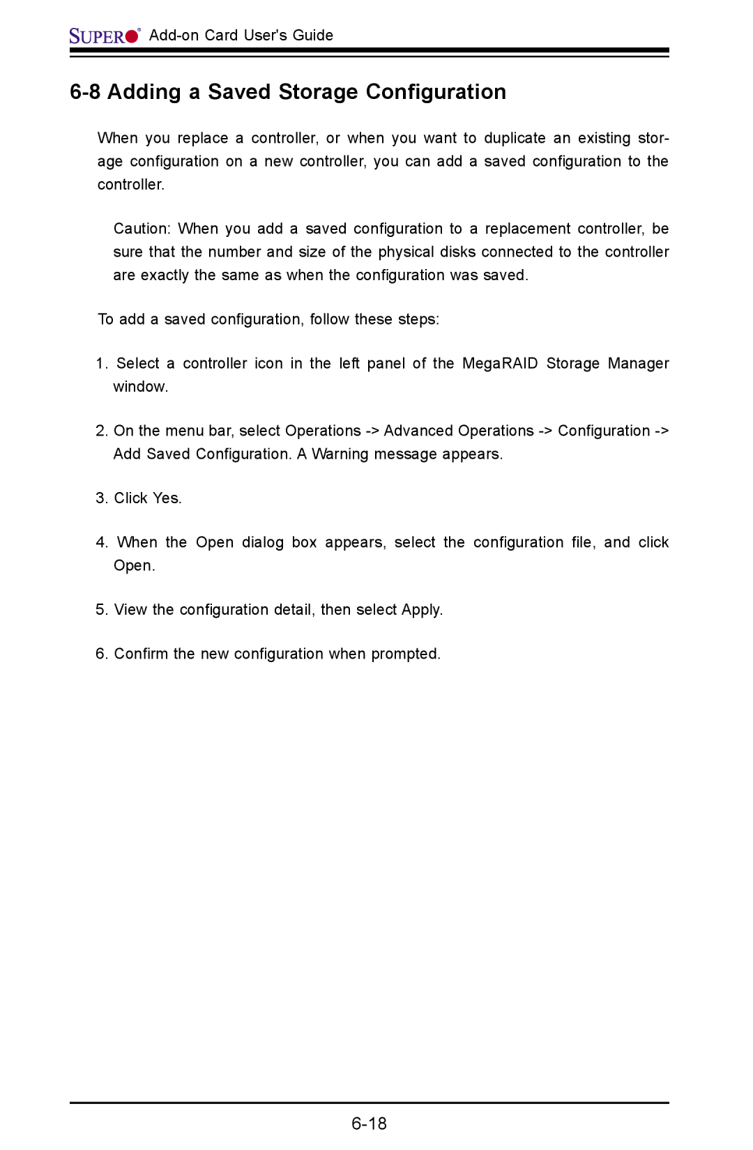 SUPER MICRO Computer AOC-USAS-L4iR manual Adding a Saved Storage Conﬁguration 