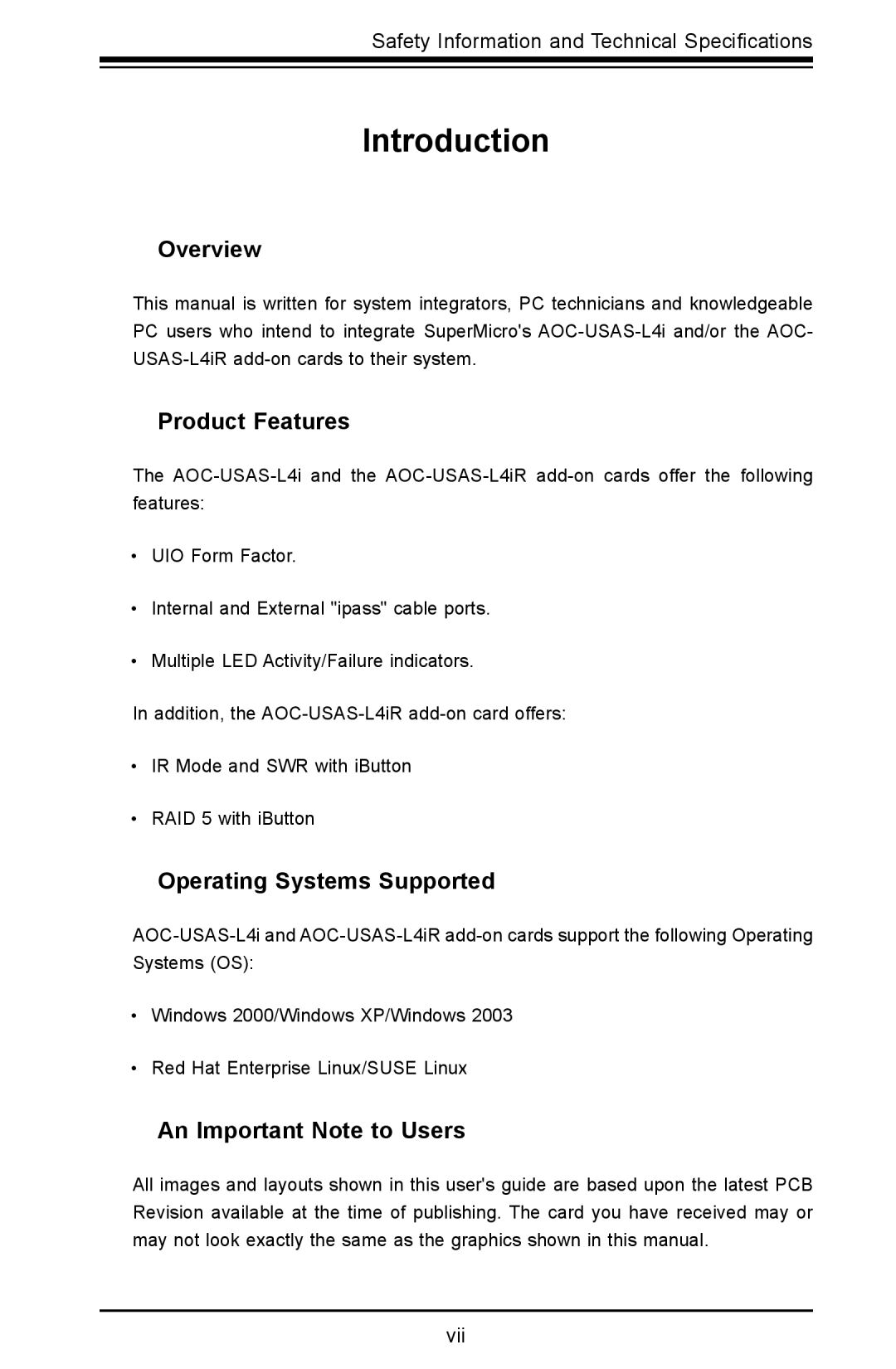 SUPER MICRO Computer AOC-USAS-L4iR Overview, Product Features, Operating Systems Supported, An Important Note to Users 