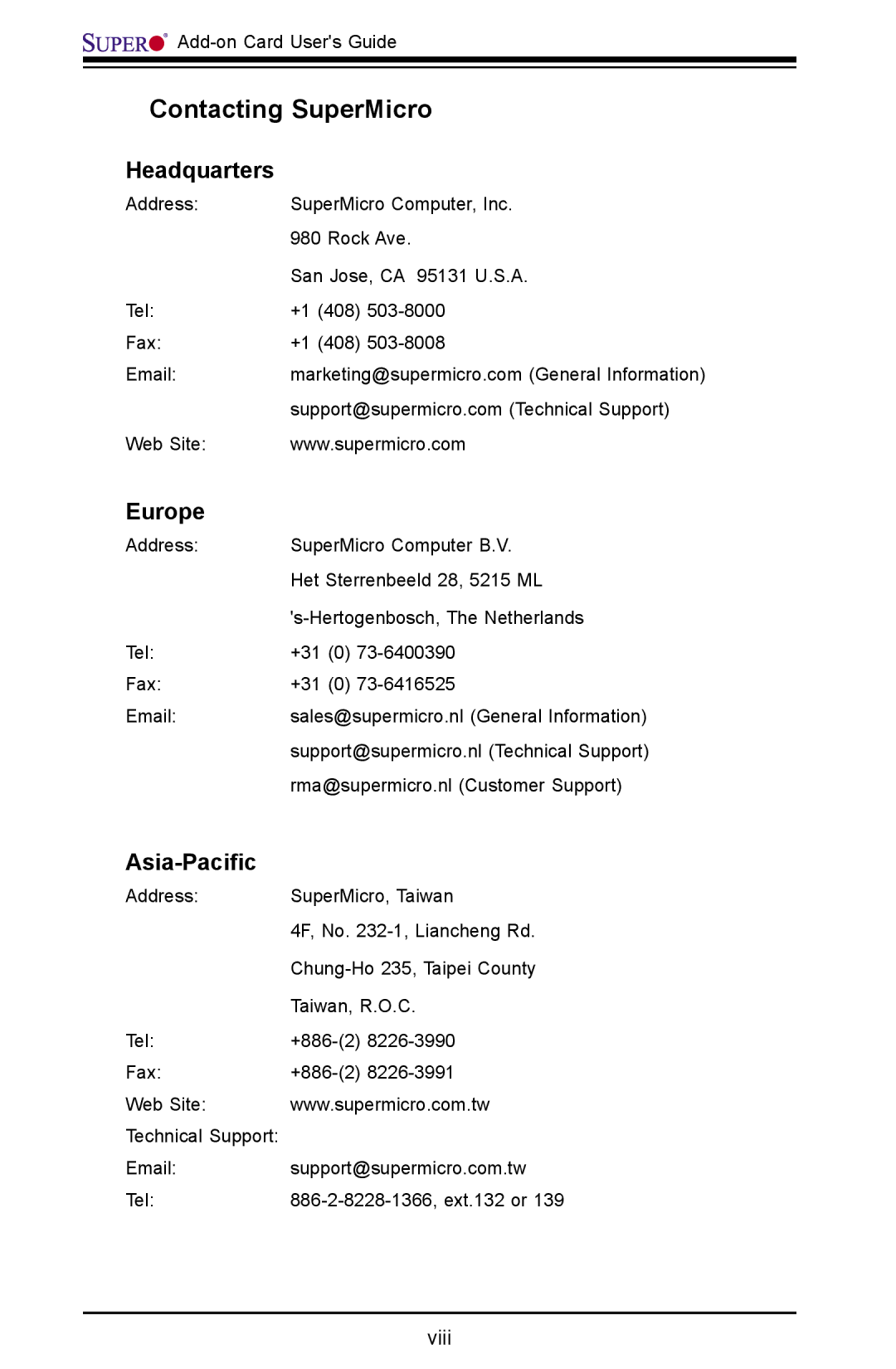 SUPER MICRO Computer AOC-USAS-L4iR manual Contacting SuperMicro, Headquarters, Europe, Asia-Paciﬁc 