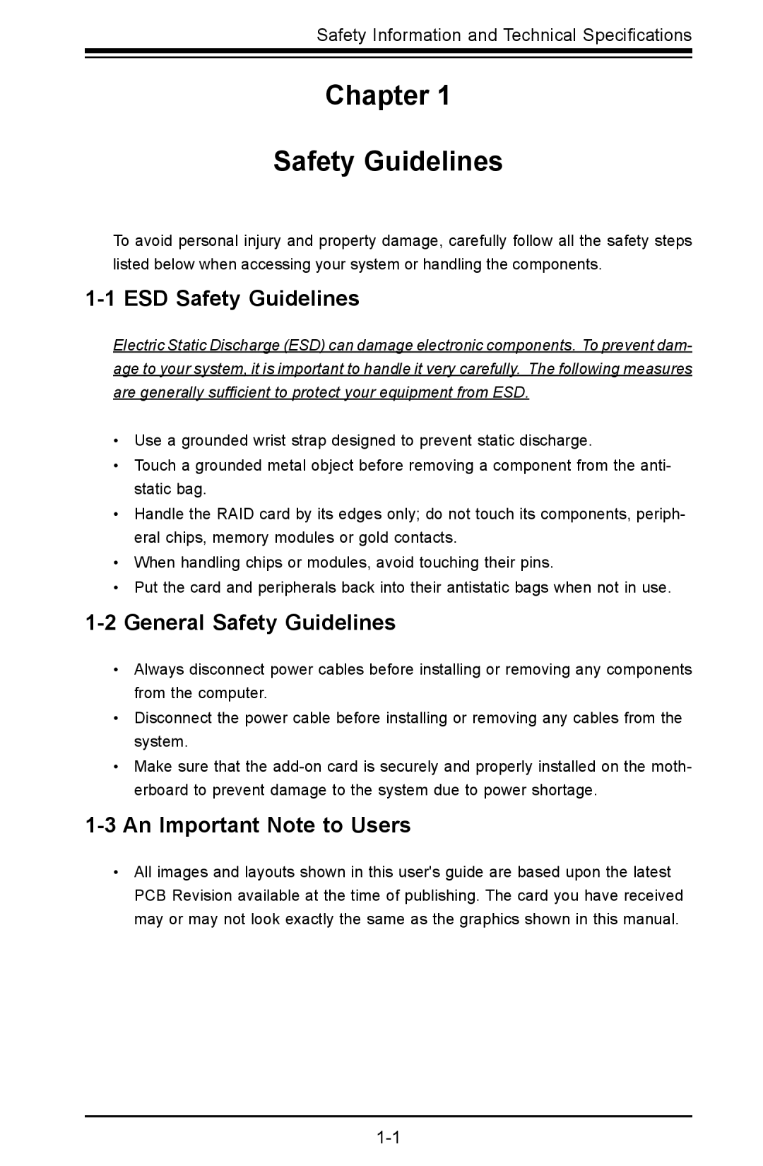 SUPER MICRO Computer AOC-USAS-L4iR manual ESD Safety Guidelines, General Safety Guidelines, An Important Note to Users 